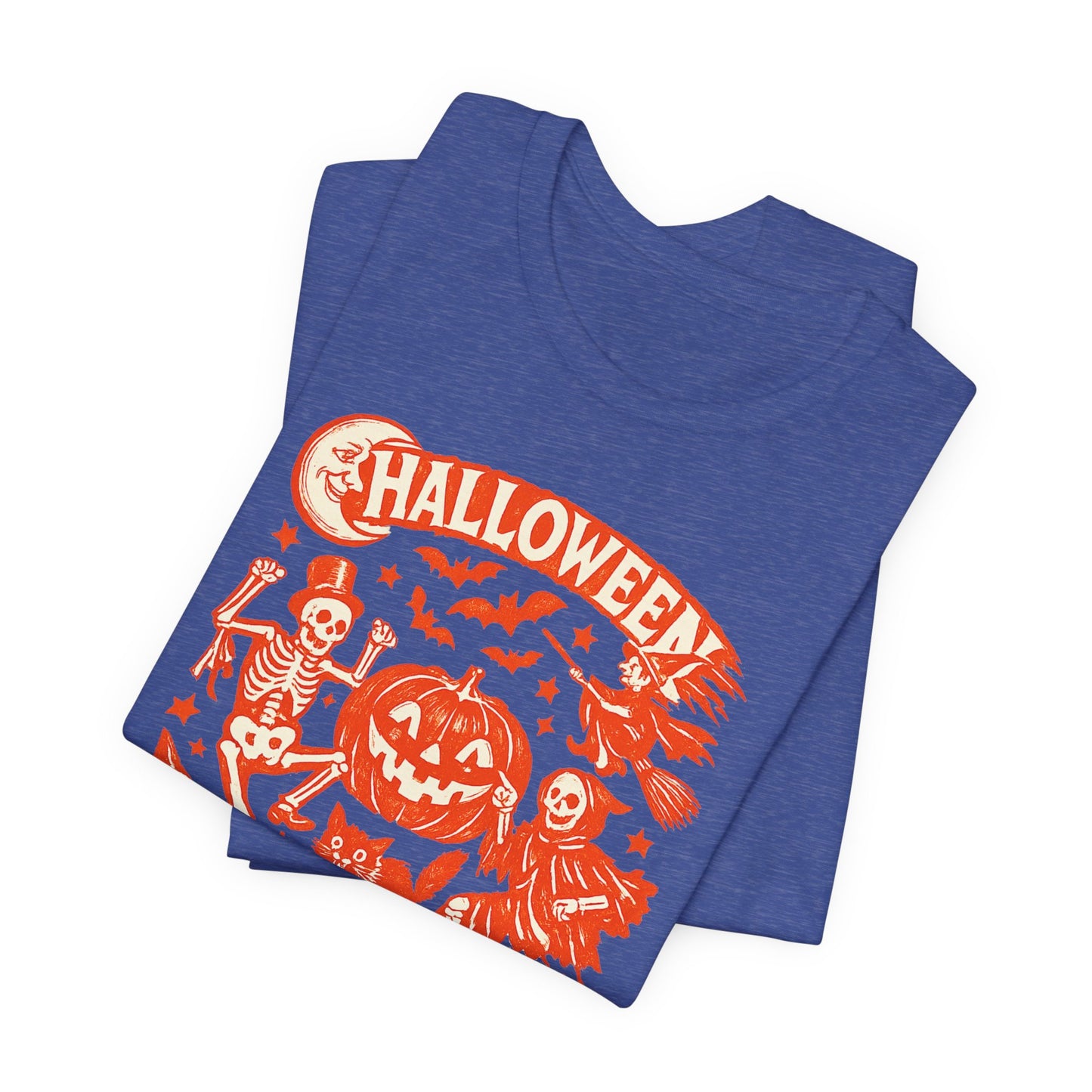Halloween Retro Graphic Tee — Orange Vintage Spooky Characters
