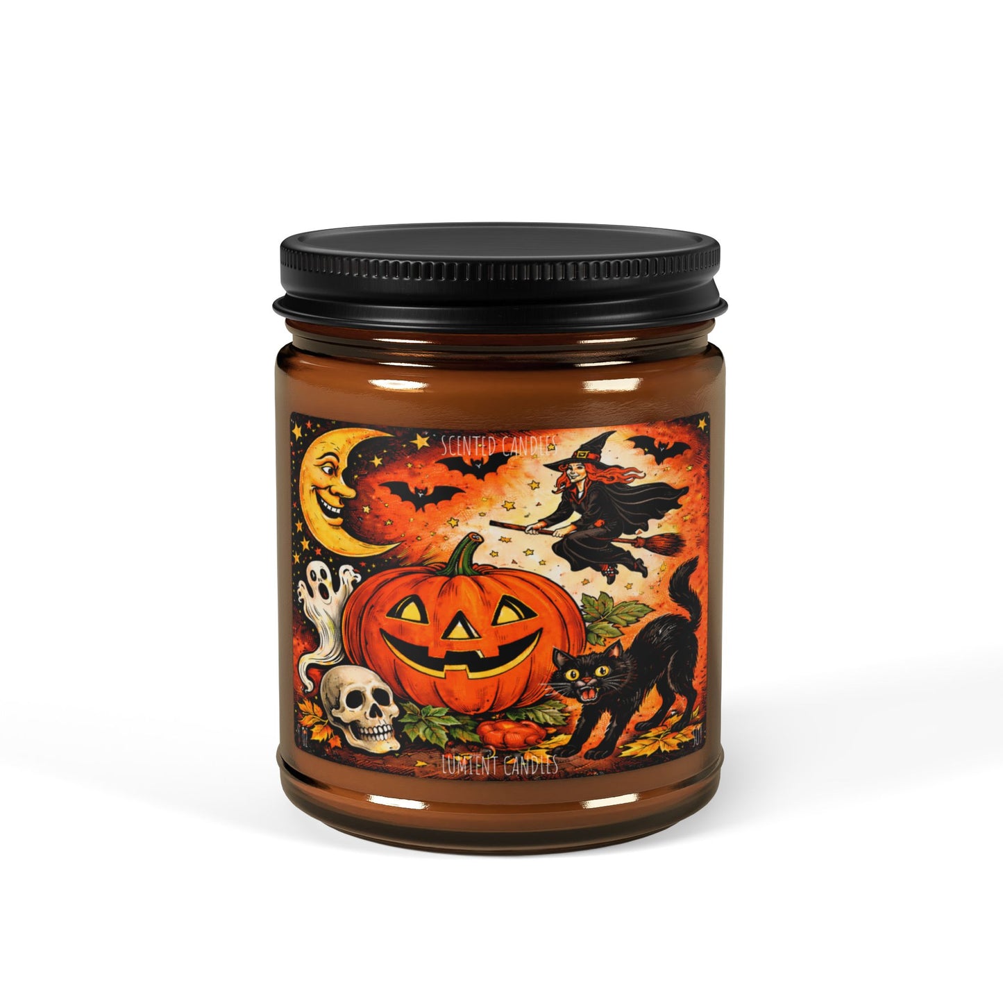 9 oz Halloween Pumpkin Witch Candle — Scented Soy Amber Jar