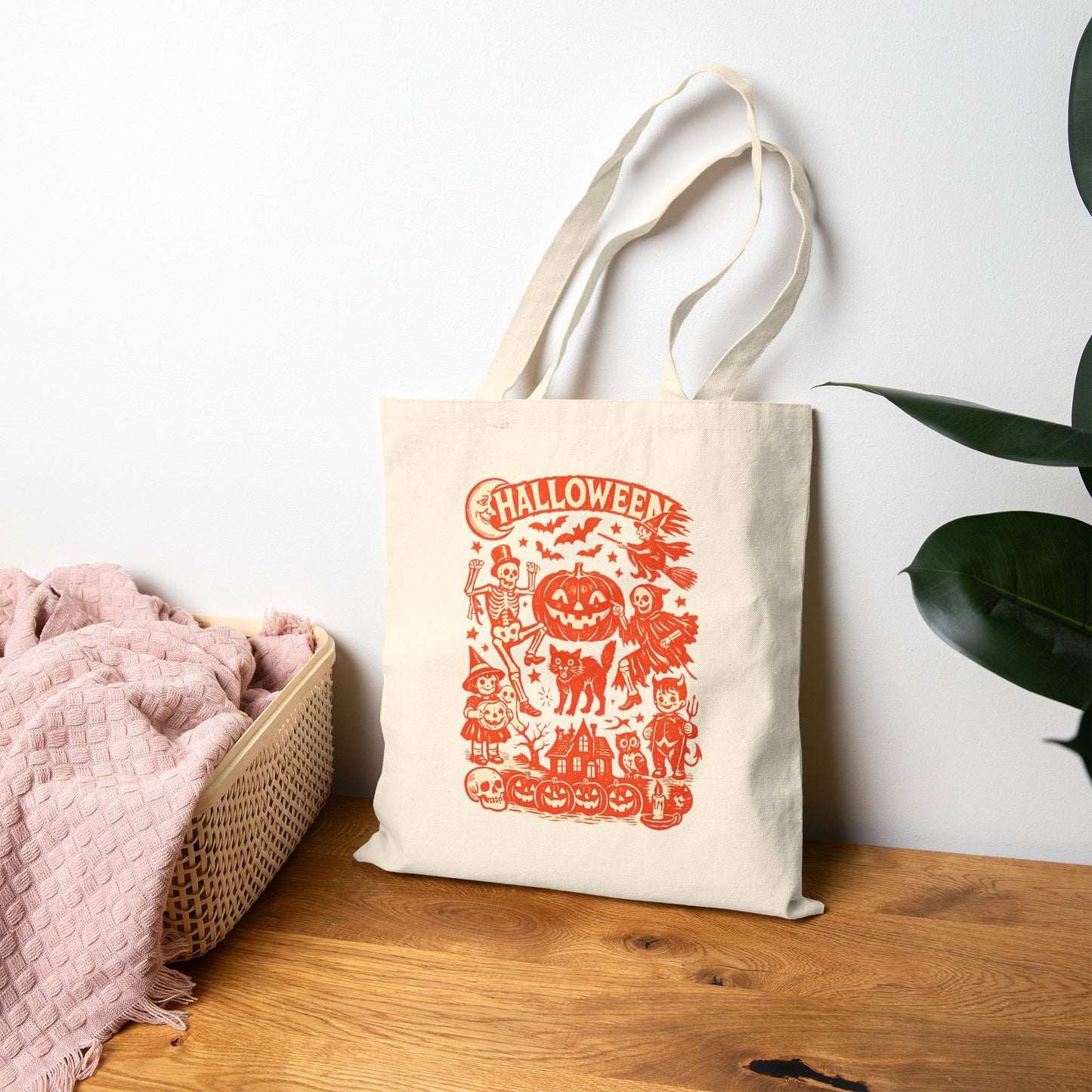 Halloween Trick-or-Treat Tote Bag — Pumpkin & Spooky Characters Cotton Canvas