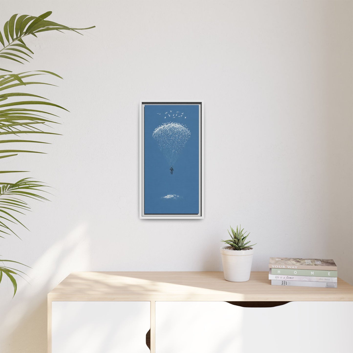 Framed Matte Canvas Art – Sky Diver with Bird Cluster Parachute (Blue)
