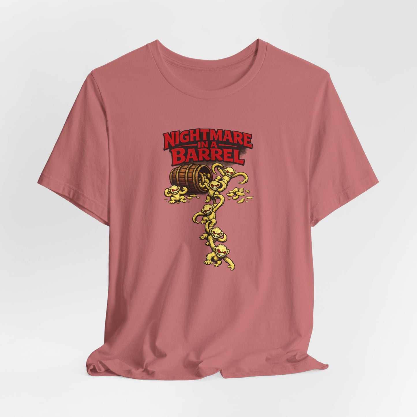 Nightmare in a Barrel T-Shirt — Vintage Horror Barrel Monkey Graphic Tee