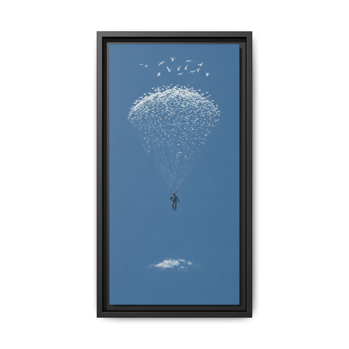 Framed Matte Canvas Art – Sky Diver with Bird Cluster Parachute (Blue)