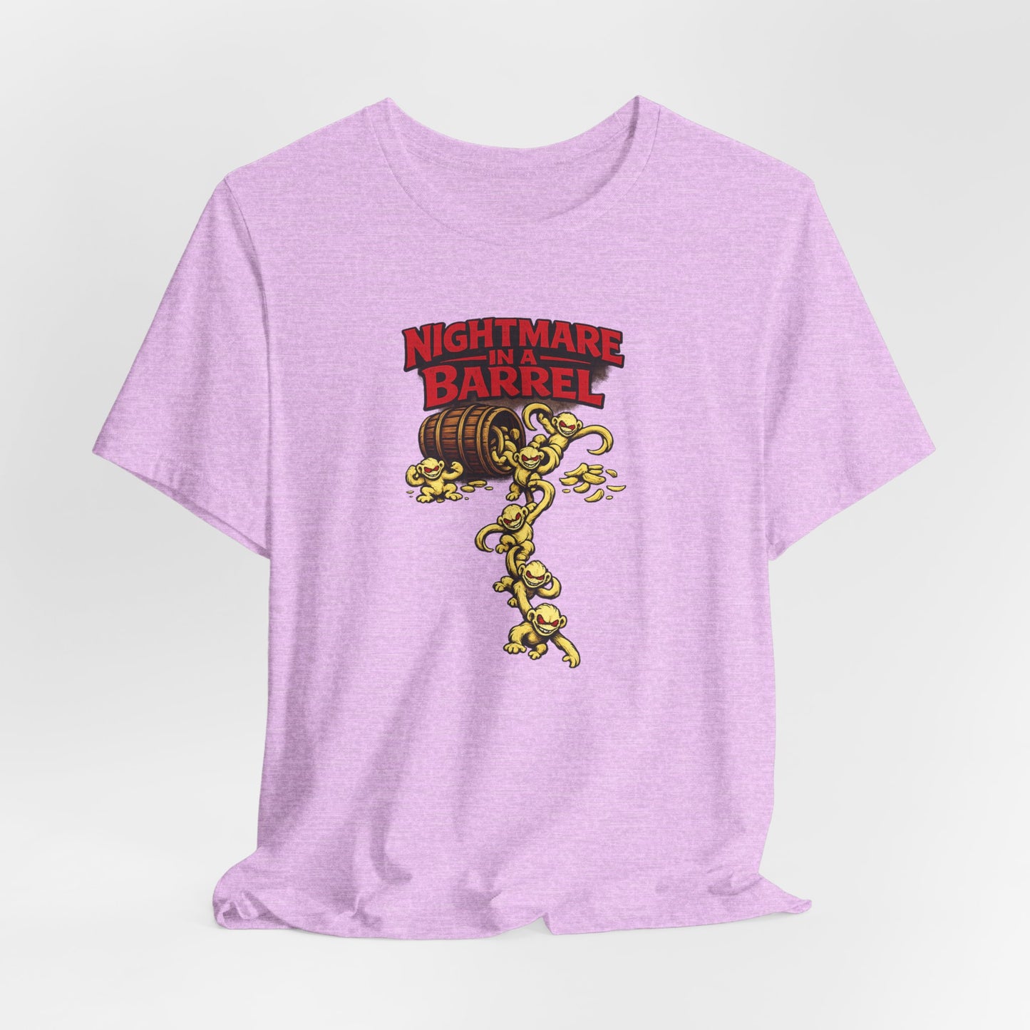 Nightmare in a Barrel T-Shirt — Vintage Horror Barrel Monkey Graphic Tee