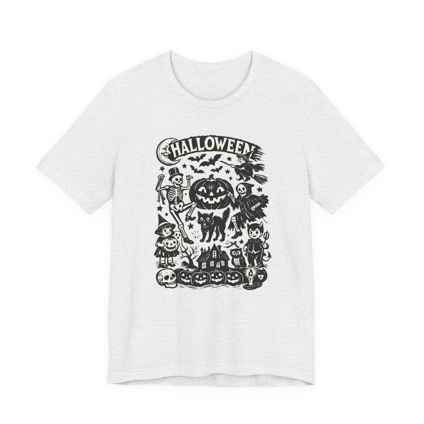 Halloween Vintage Monsters Tee — Retro Pumpkin, Skeleton & Haunted House T-Shirt