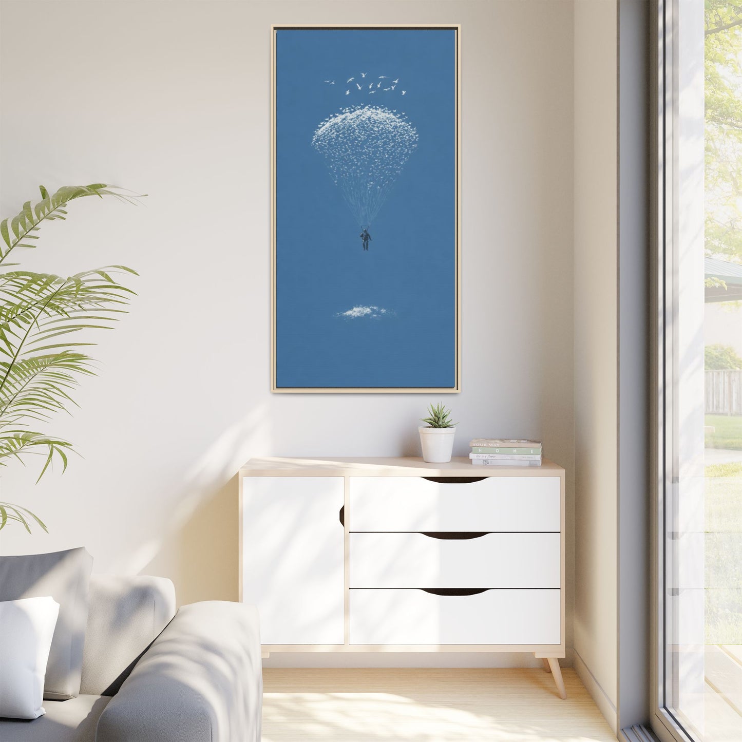 Framed Matte Canvas Art – Sky Diver with Bird Cluster Parachute (Blue)