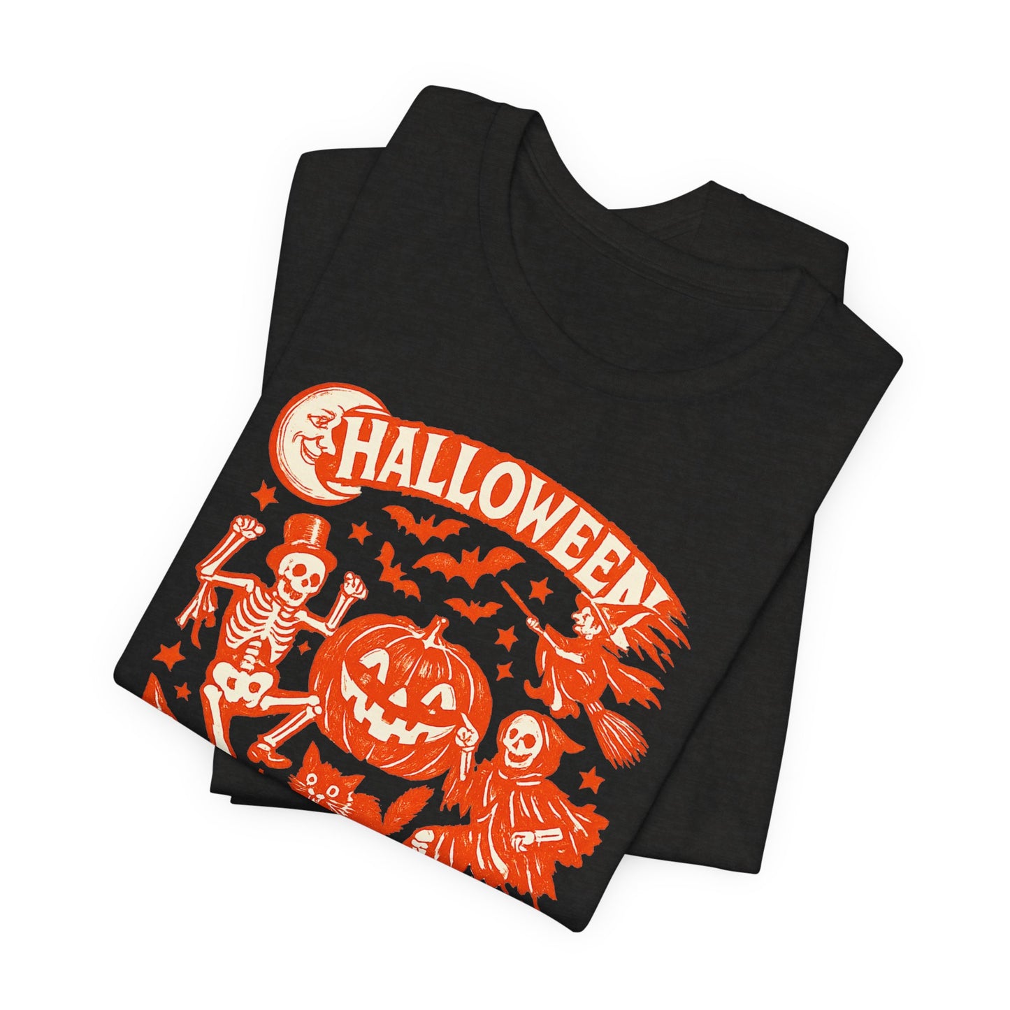 Halloween Retro Graphic Tee — Orange Vintage Spooky Characters
