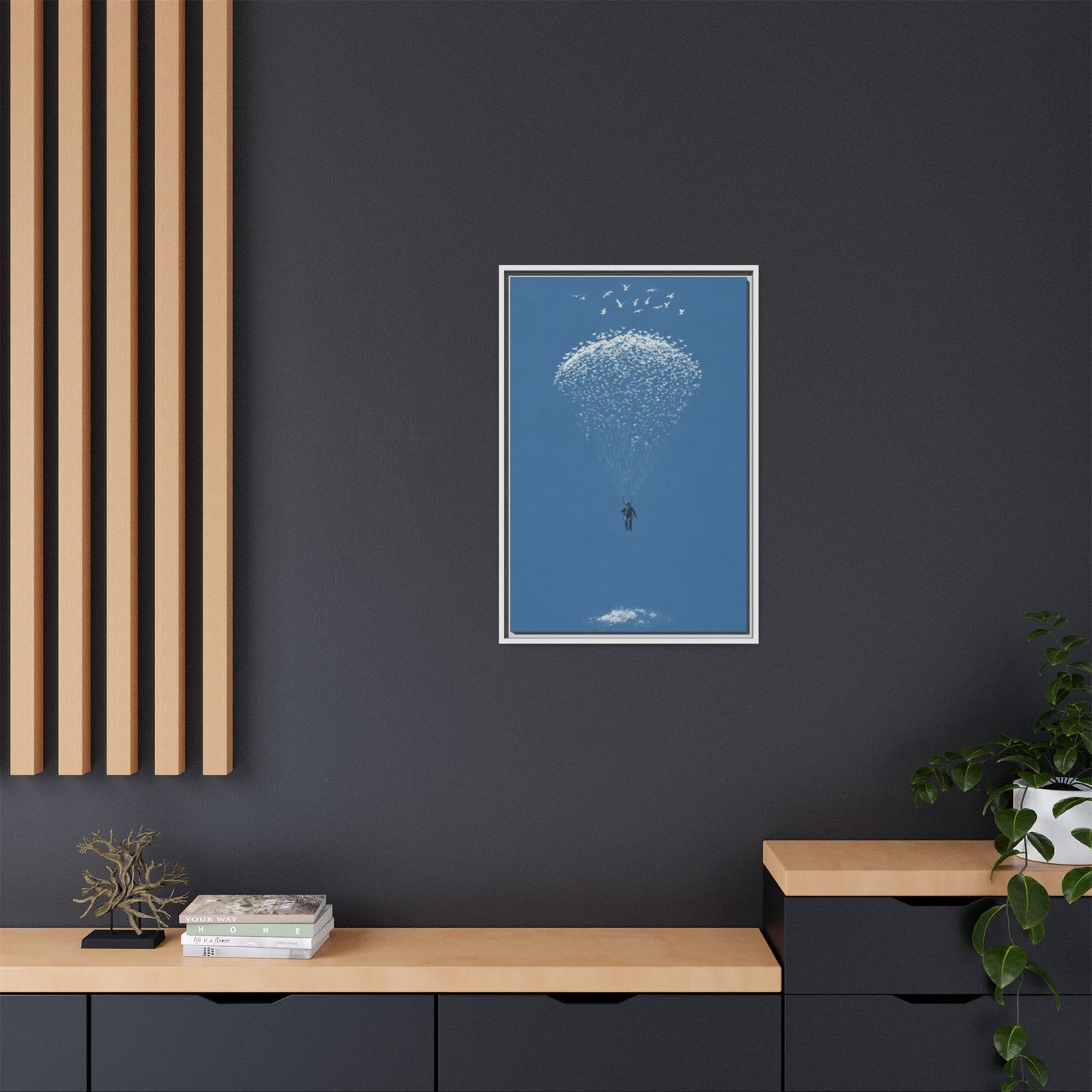 Framed Matte Canvas Art – Sky Diver with Bird Cluster Parachute (Blue)