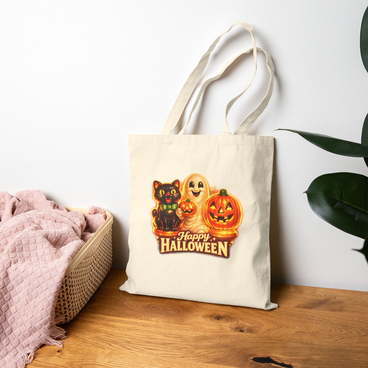 Halloween Canvas Tote Bag — "Happy Halloween" Blow Mold, Cat, Ghost & Jack-O'-Lantern Trick-or-Treat Bag