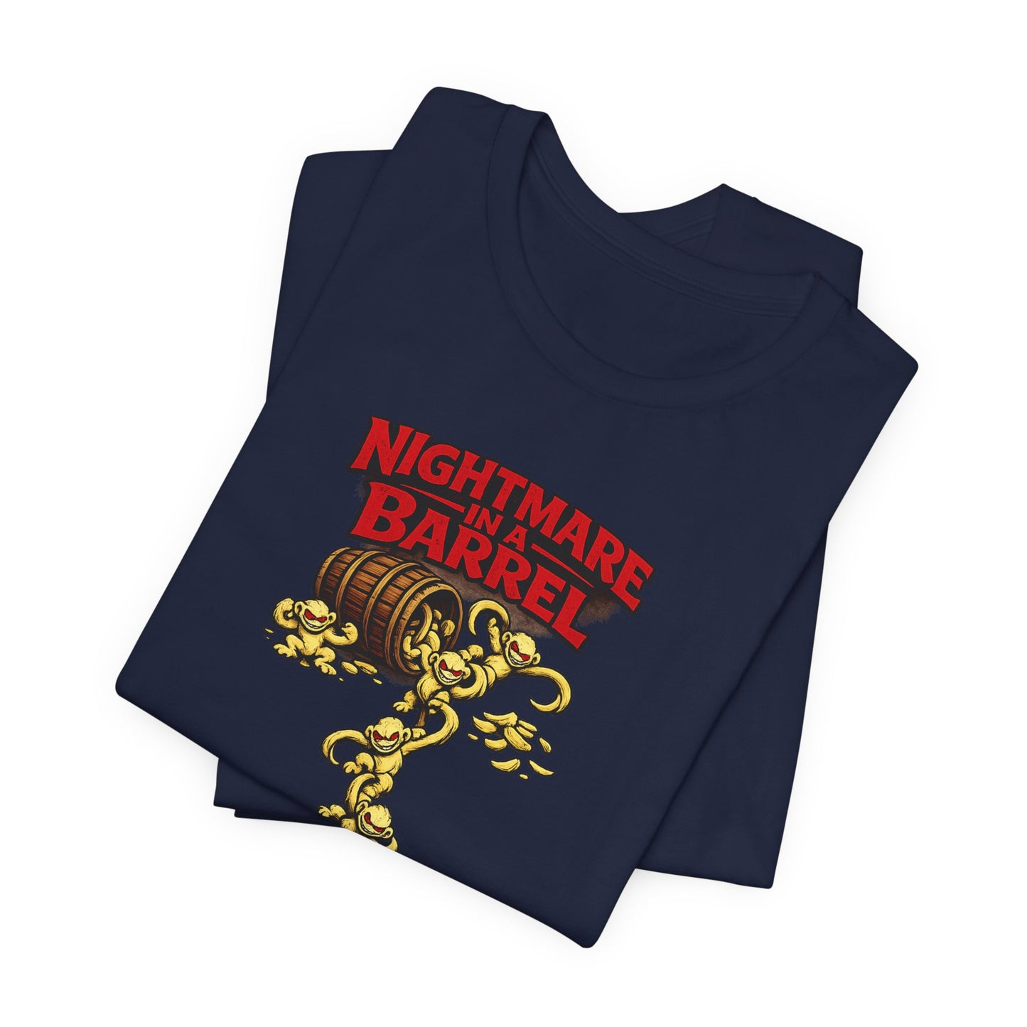 Nightmare in a Barrel T-Shirt — Vintage Horror Barrel Monkey Graphic Tee