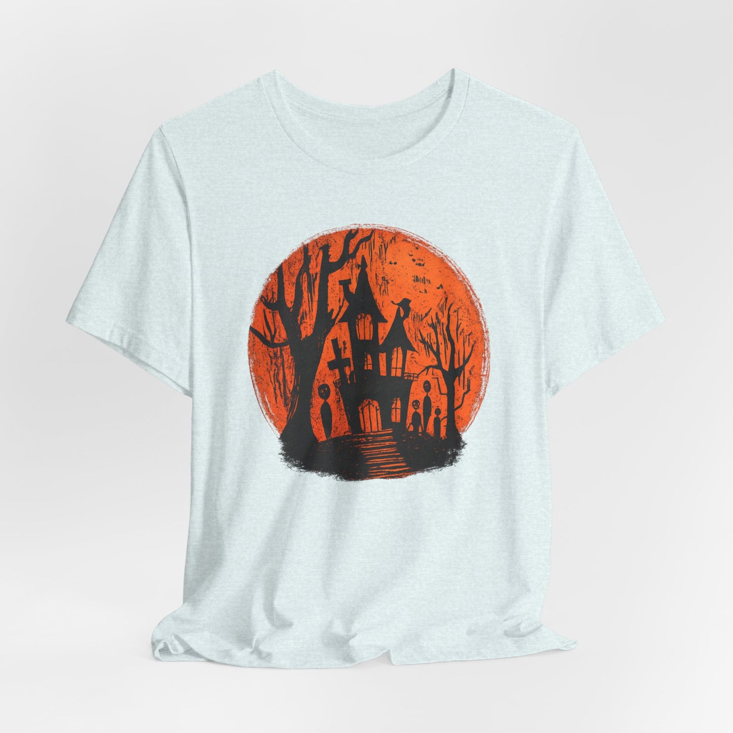 Haunted House Halloween Tee – Spooky Orange Moon Graphic T-Shirt