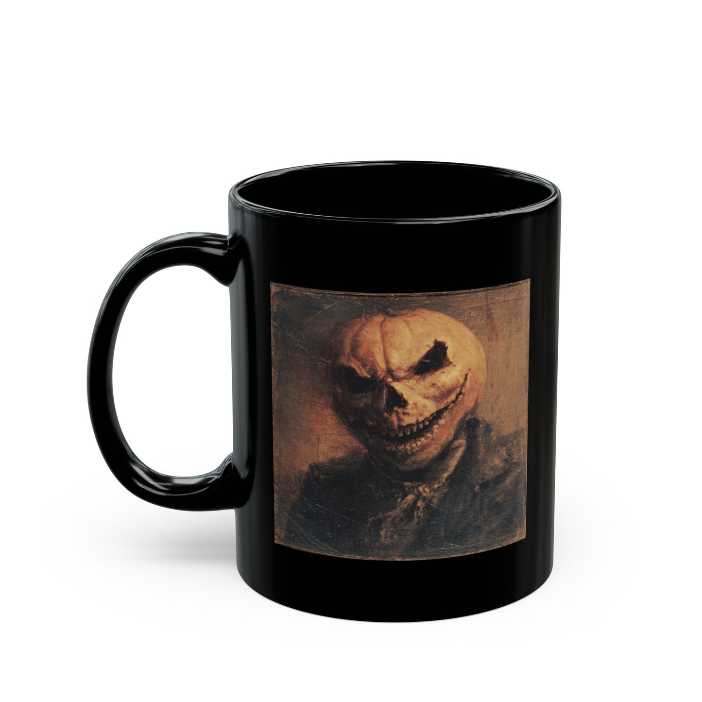 Spooky Pumpkin Head Black Mug — Halloween Horror Coffee Cup (11oz/15oz)