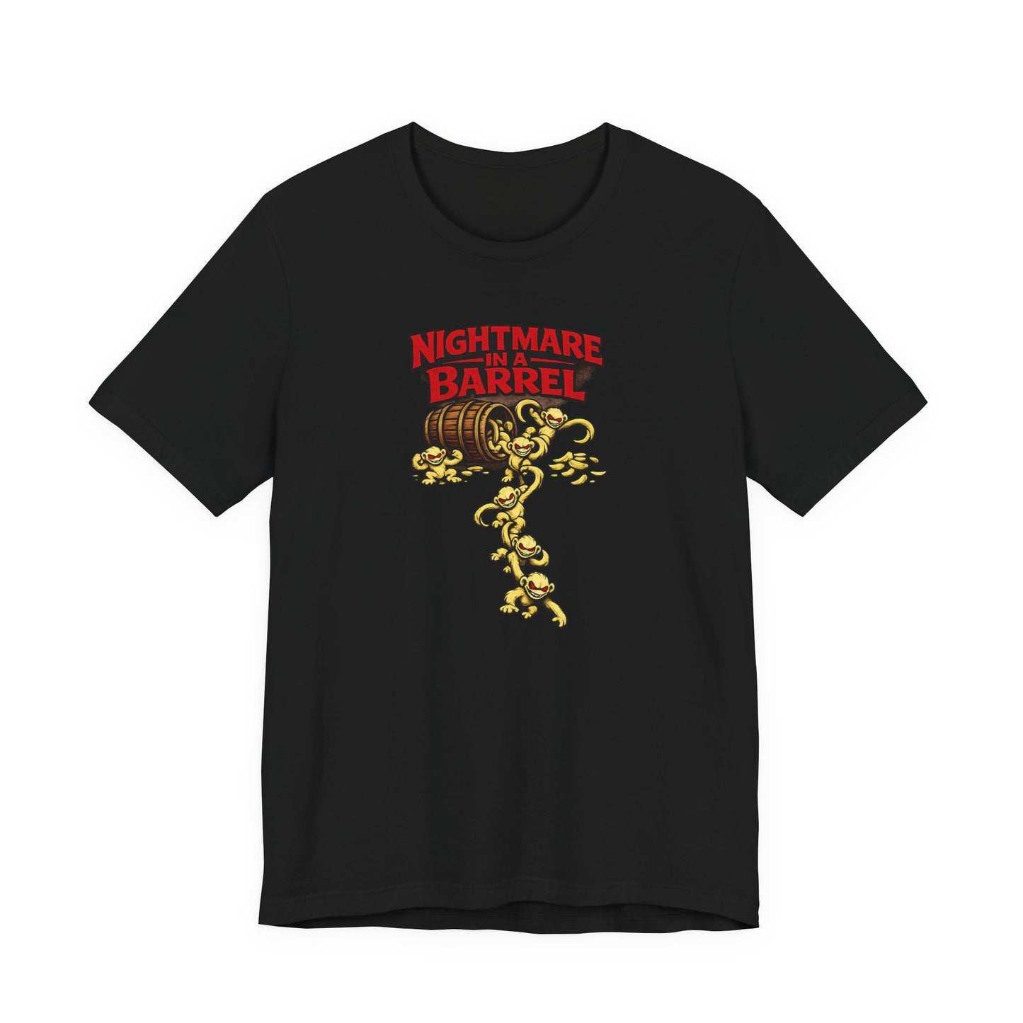 Nightmare in a Barrel T-Shirt — Vintage Horror Barrel Monkey Graphic Tee