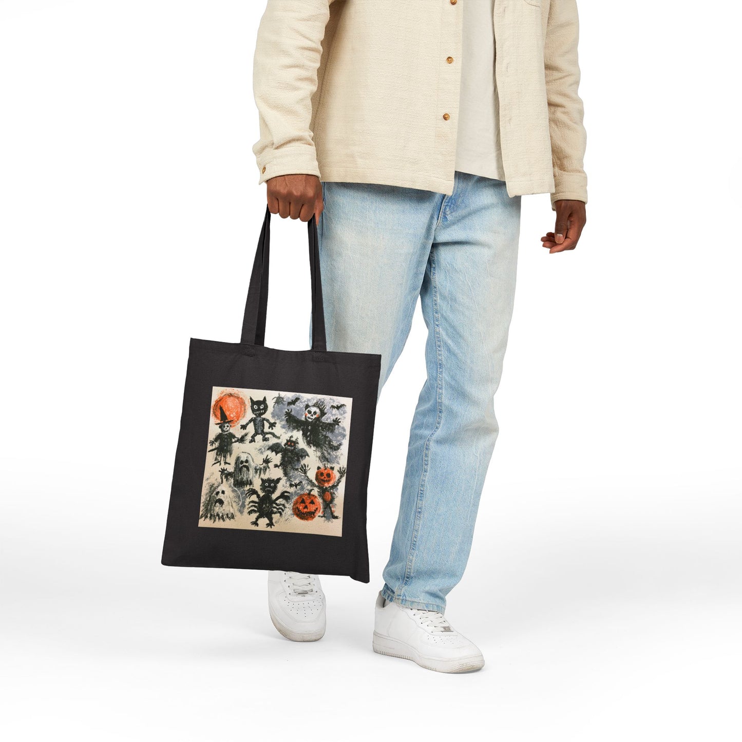Vintage Halloween Characters Cotton Tote Bag — Retro Pumpkins, Black Cats & Bats Canvas Tote