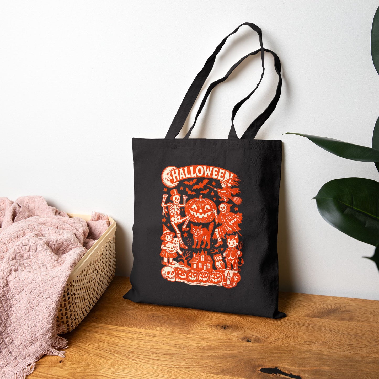 Halloween Trick-or-Treat Tote Bag — Pumpkin & Spooky Characters Cotton Canvas