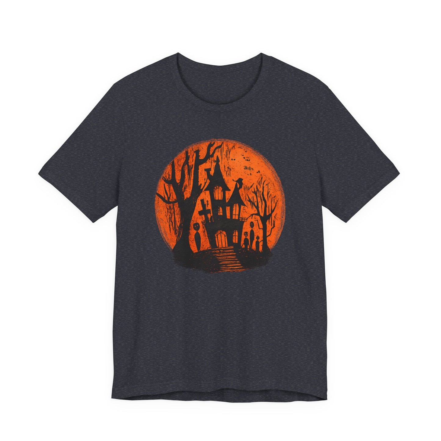 Haunted House Halloween Tee – Spooky Orange Moon Graphic T-Shirt