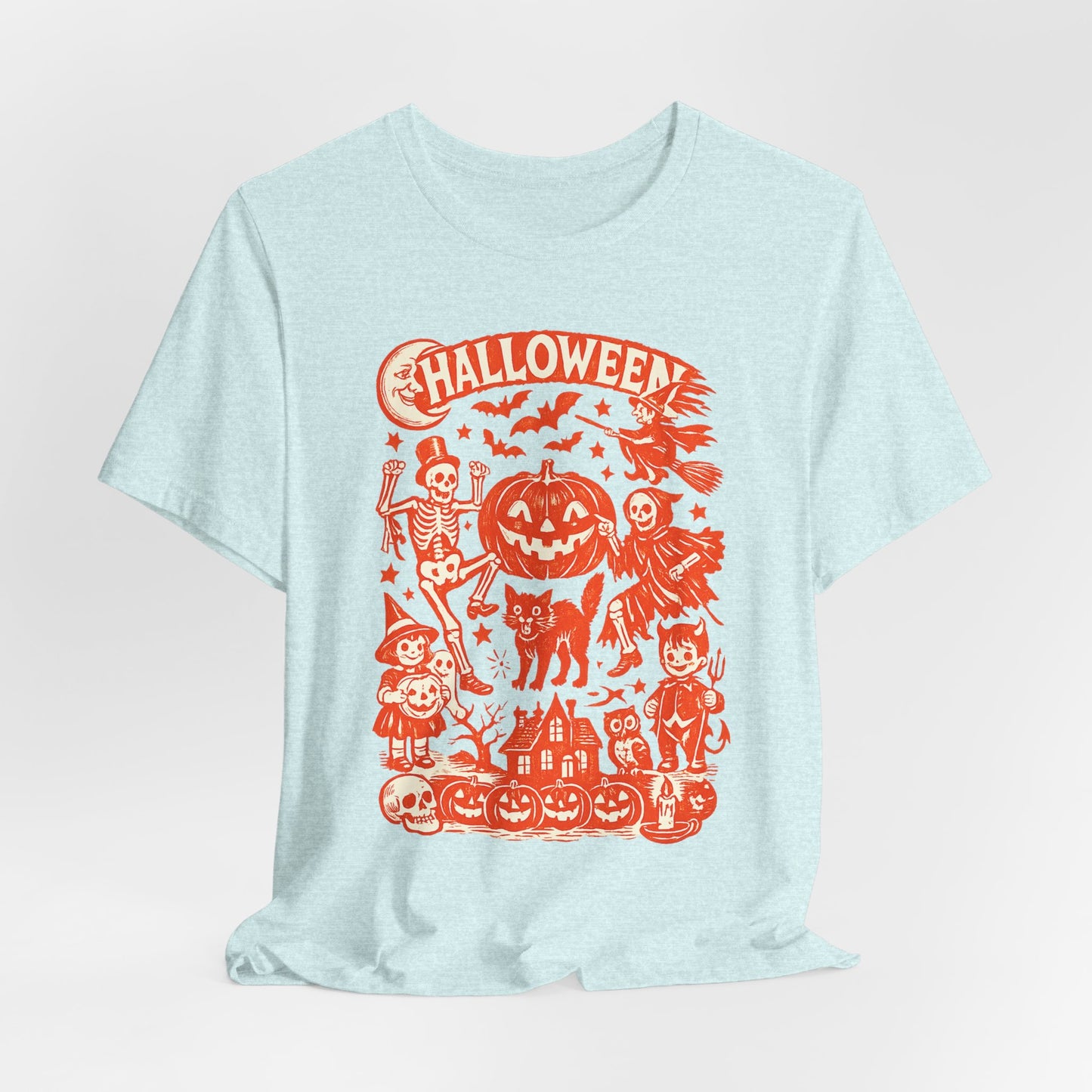 Halloween Retro Graphic Tee — Orange Vintage Spooky Characters