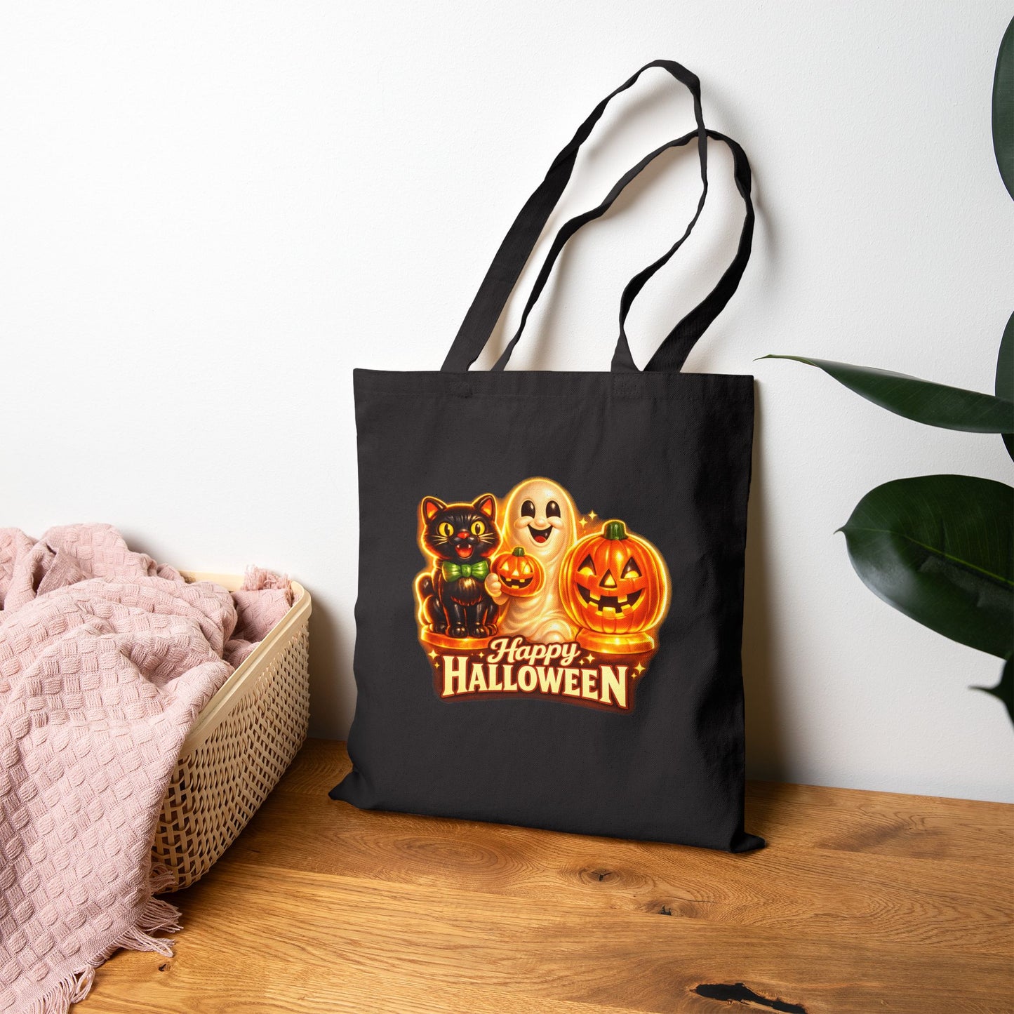 Halloween Canvas Tote Bag — "Happy Halloween" Blow Mold, Cat, Ghost & Jack-O'-Lantern Trick-or-Treat Bag