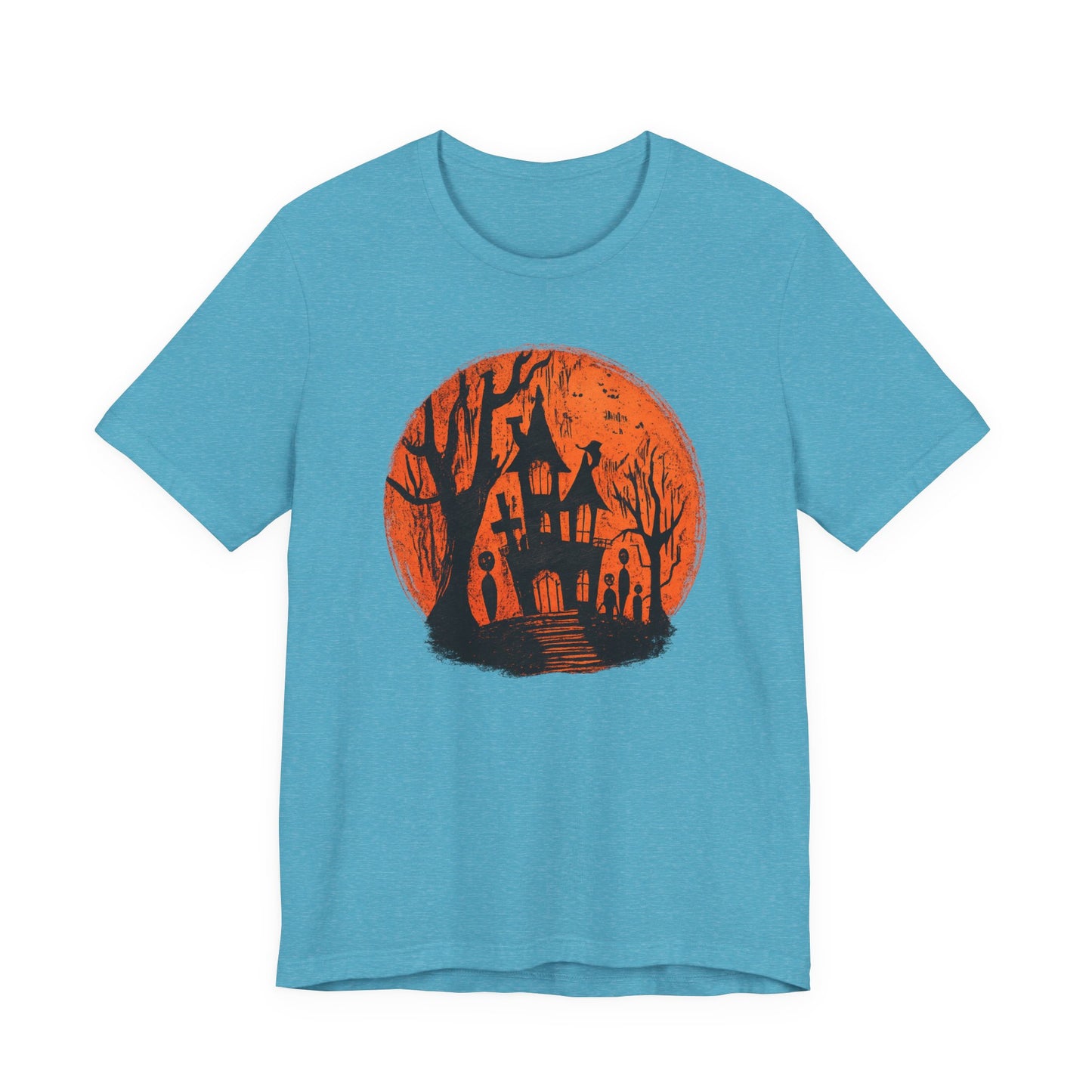 Haunted House Halloween Tee – Spooky Orange Moon Graphic T-Shirt