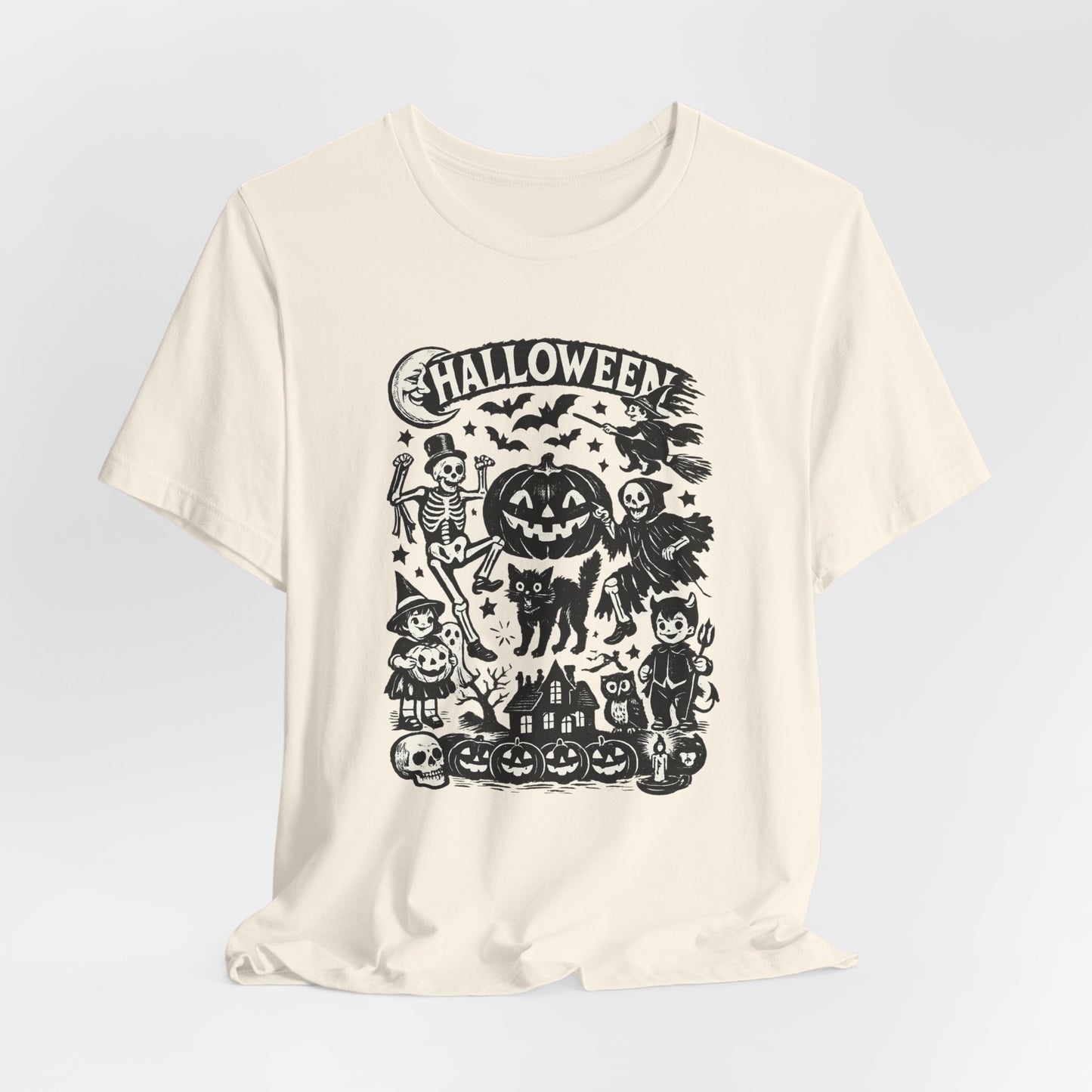 Halloween Vintage Monsters Tee — Retro Pumpkin, Skeleton & Haunted House T-Shirt