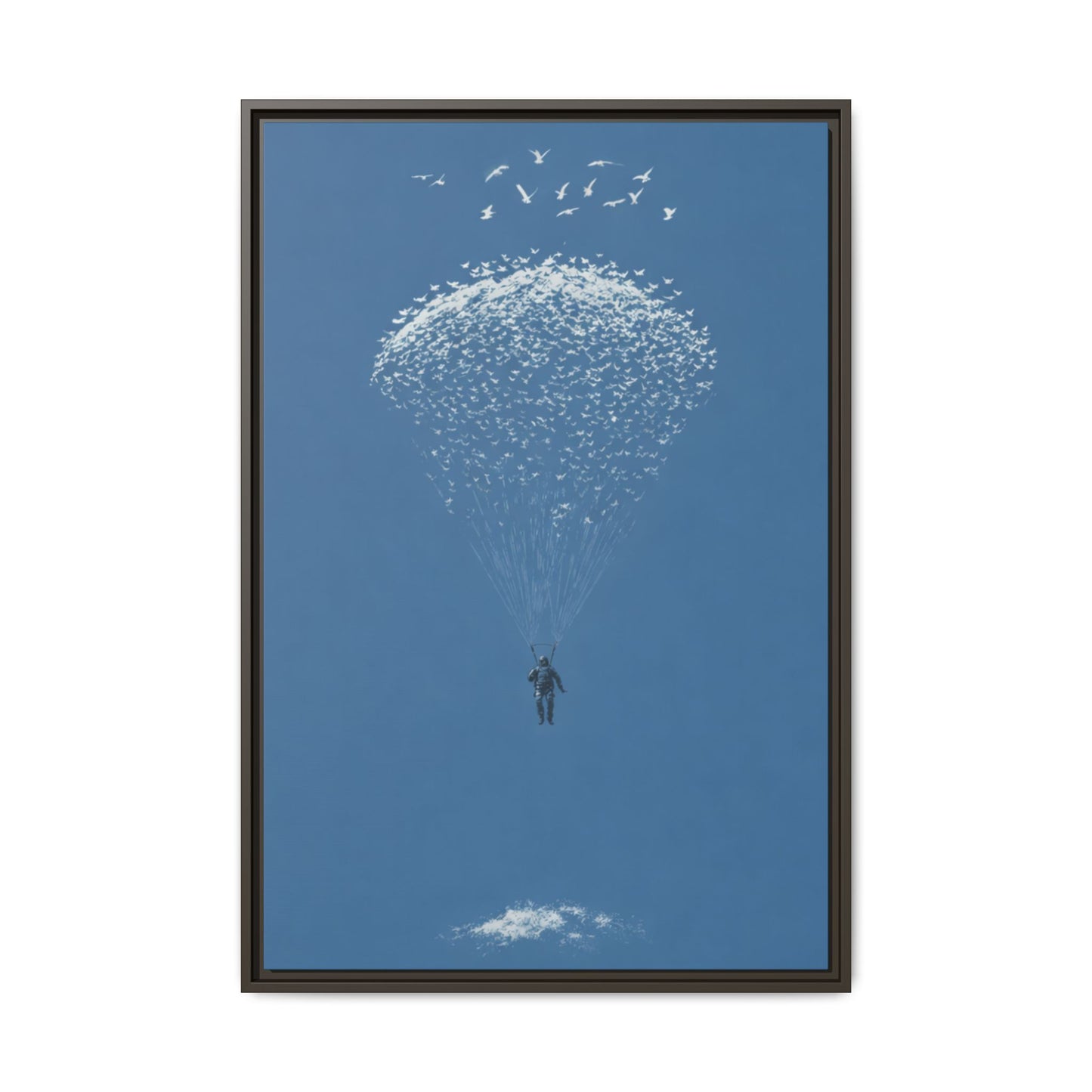 Framed Matte Canvas Art – Sky Diver with Bird Cluster Parachute (Blue)