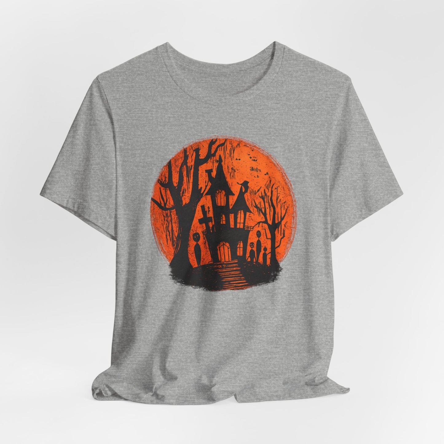 Haunted House Halloween Tee – Spooky Orange Moon Graphic T-Shirt
