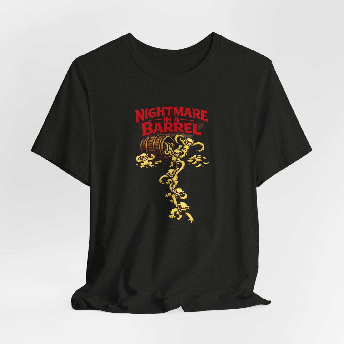 Nightmare in a Barrel T-Shirt — Vintage Horror Barrel Monkey Graphic Tee