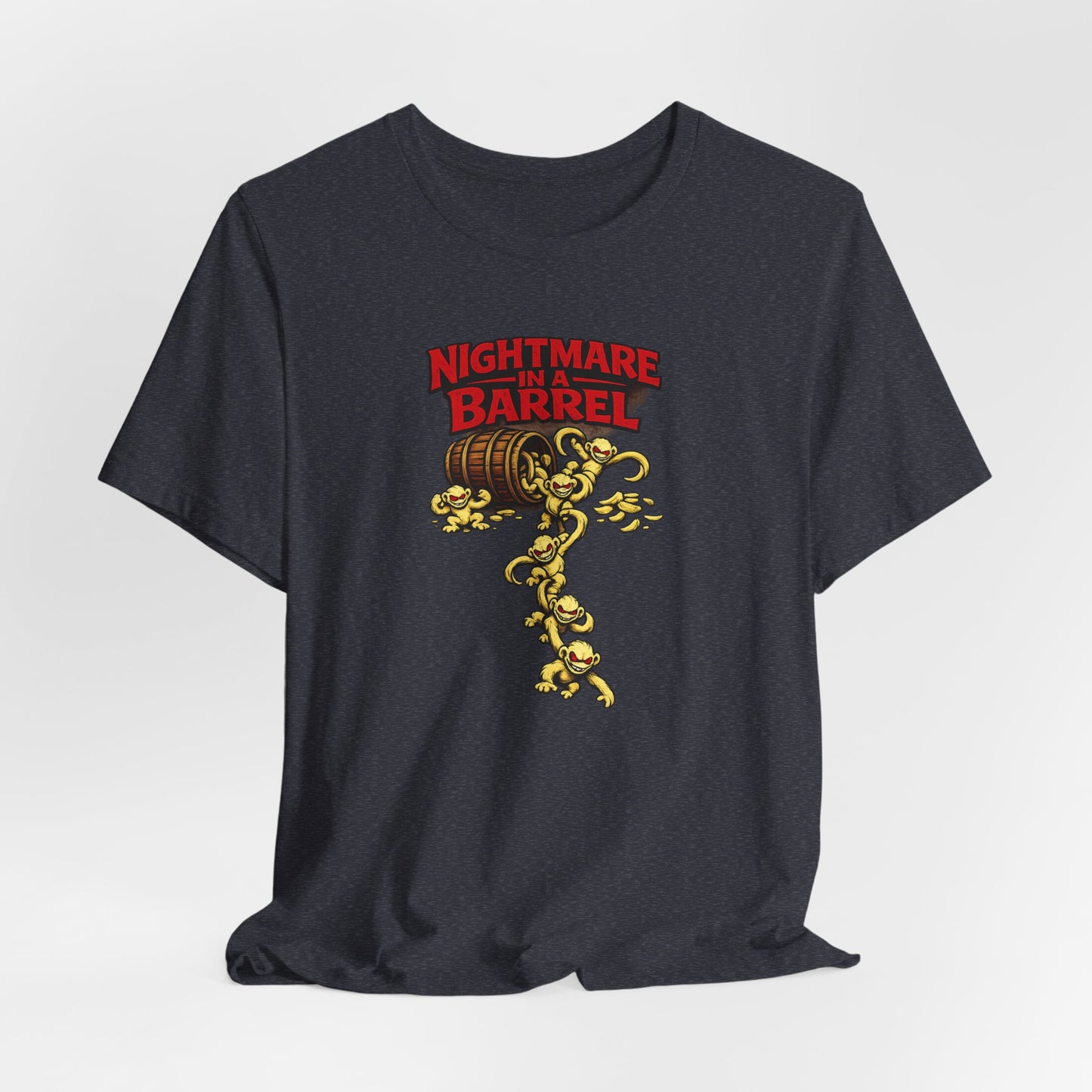 Nightmare in a Barrel T-Shirt — Vintage Horror Barrel Monkey Graphic Tee