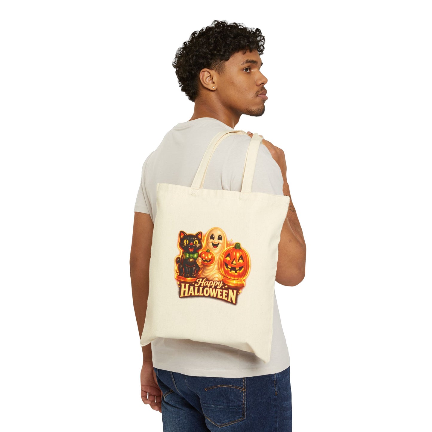 Halloween Canvas Tote Bag — "Happy Halloween" Blow Mold, Cat, Ghost & Jack-O'-Lantern Trick-or-Treat Bag