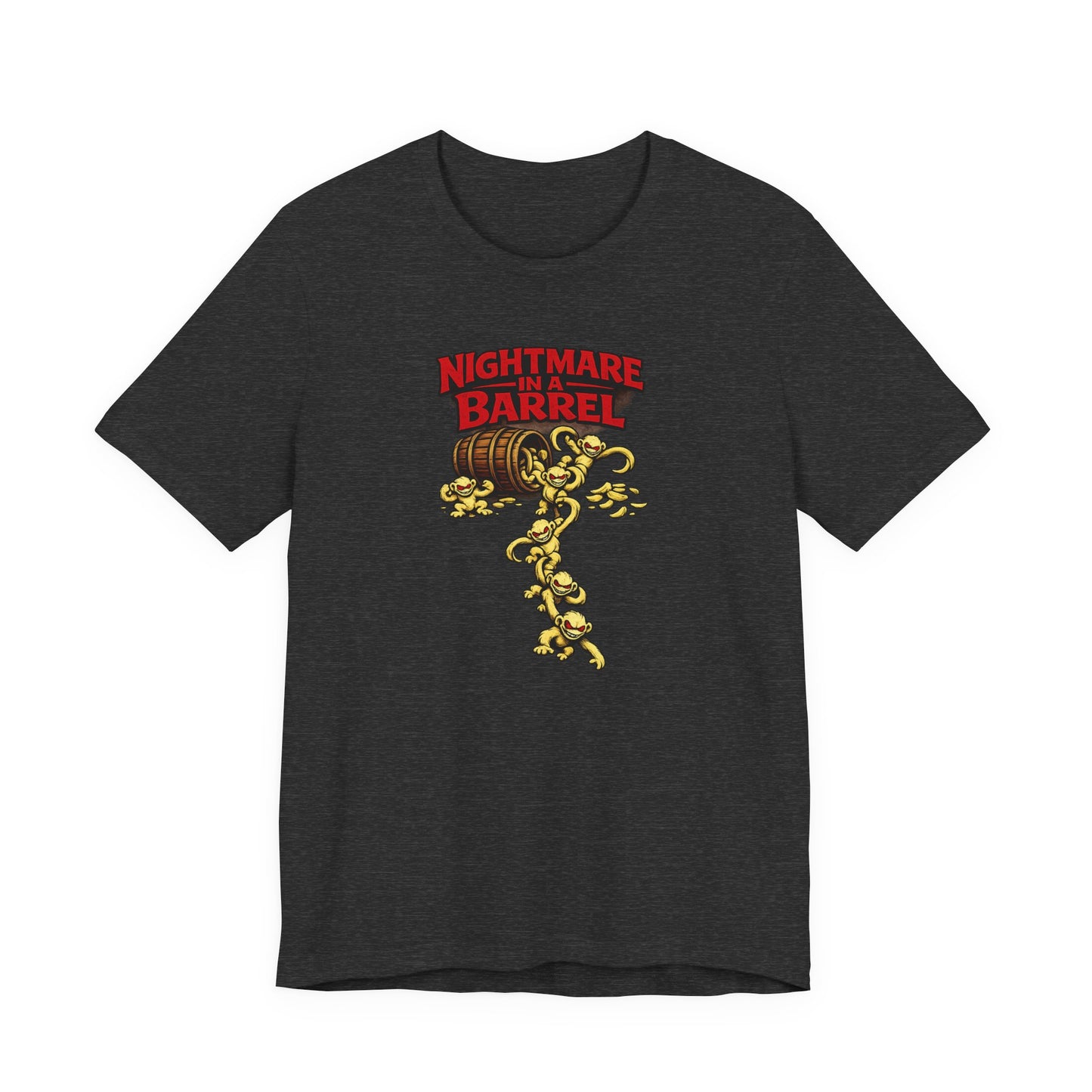Nightmare in a Barrel T-Shirt — Vintage Horror Barrel Monkey Graphic Tee