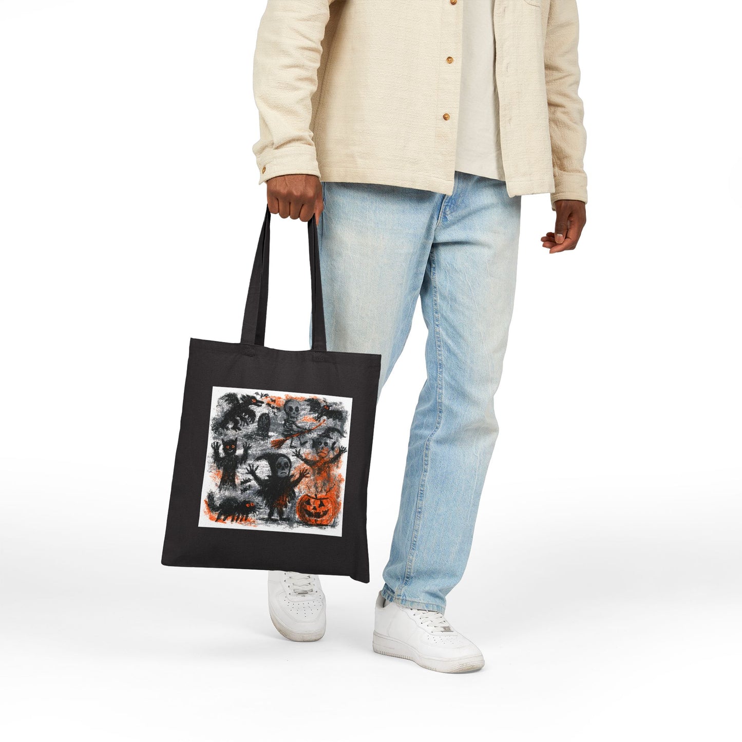 Kids Tote Bag — Vintage Halloween Illustration Cotton Canvas Tote (Pumpkin, Ghosts & Bats)