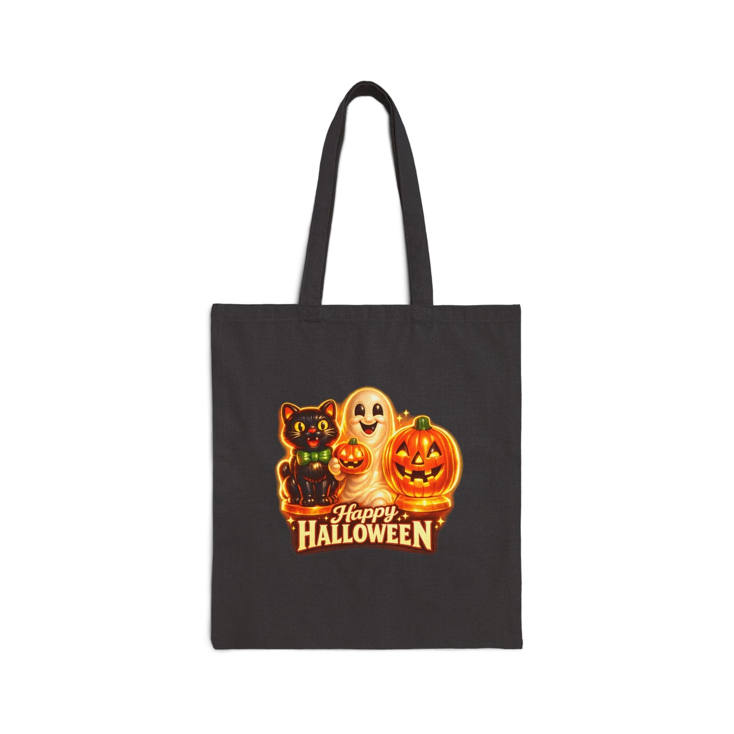 Halloween Canvas Tote Bag — "Happy Halloween" Blow Mold, Cat, Ghost & Jack-O'-Lantern Trick-or-Treat Bag