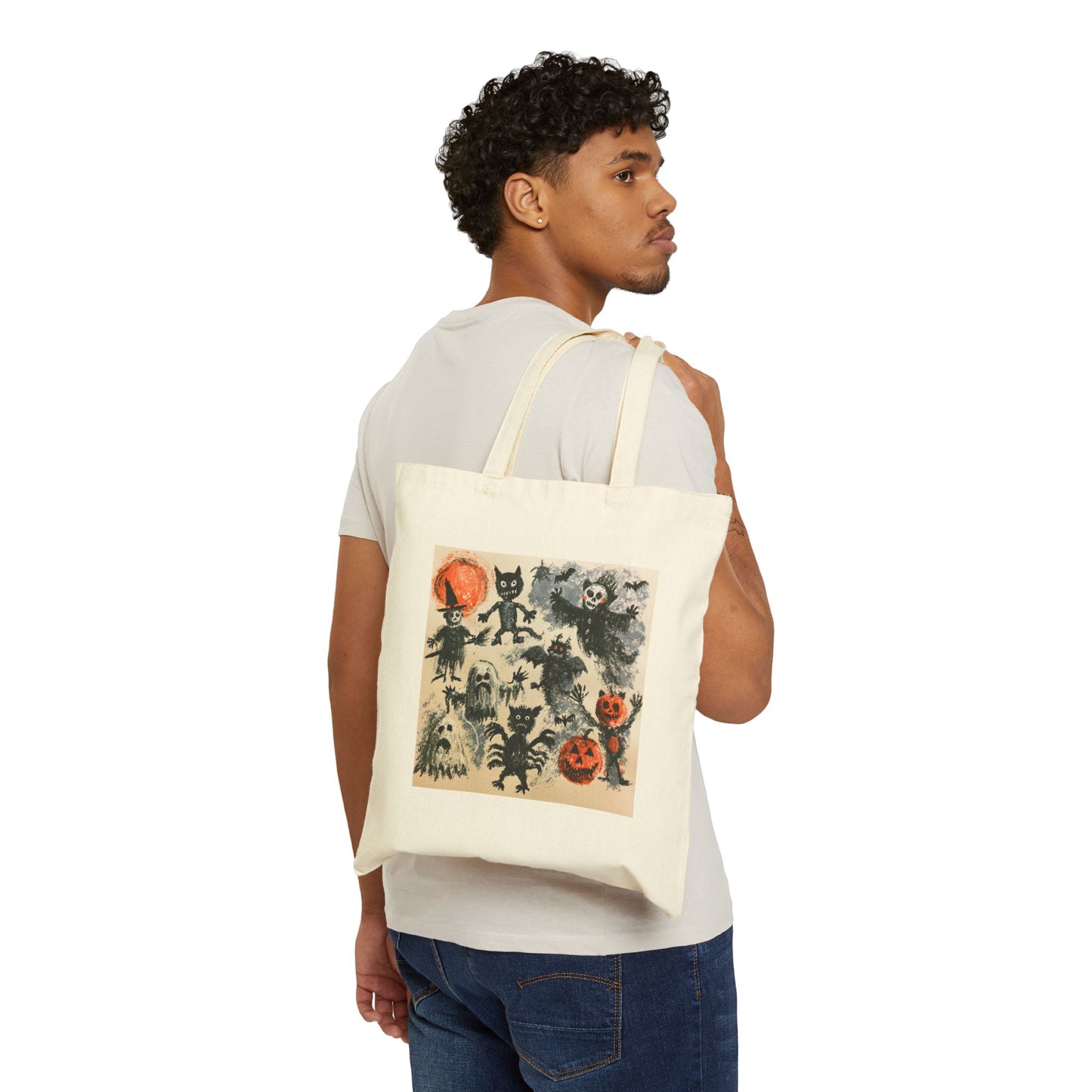 Vintage Halloween Characters Cotton Tote Bag — Retro Pumpkins, Black Cats & Bats Canvas Tote