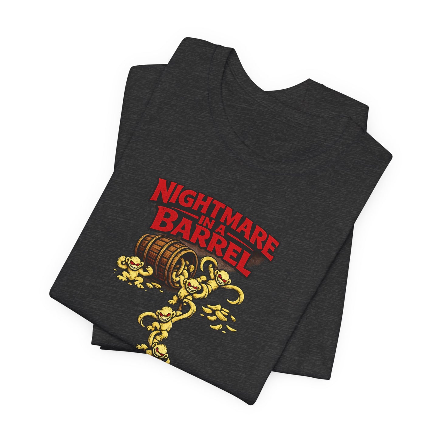 Nightmare in a Barrel T-Shirt — Vintage Horror Barrel Monkey Graphic Tee