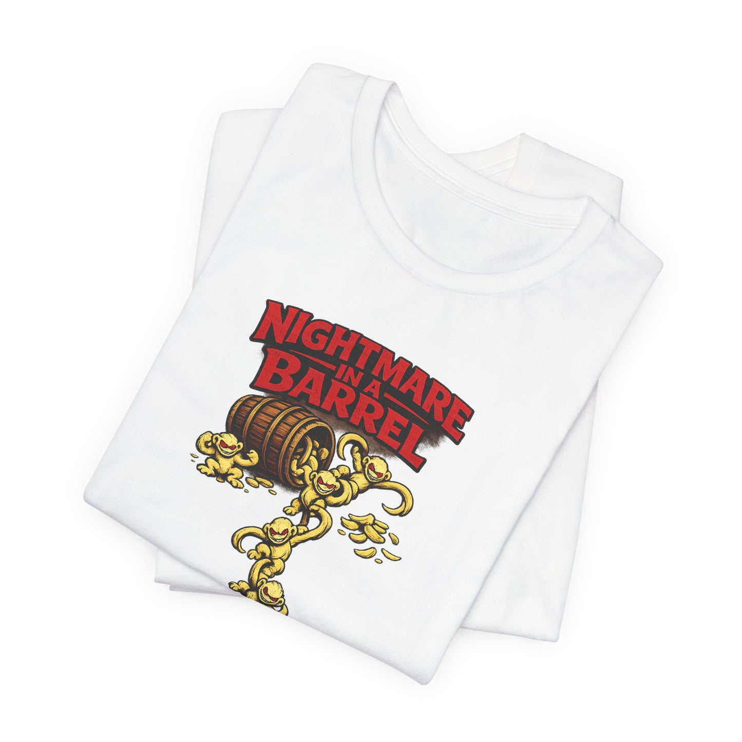 Nightmare in a Barrel T-Shirt — Vintage Horror Barrel Monkey Graphic Tee