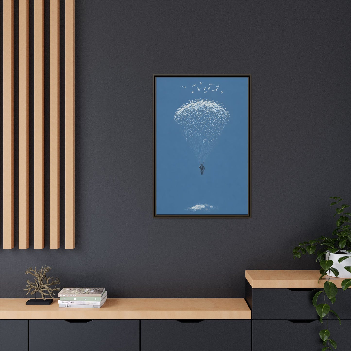Framed Matte Canvas Art – Sky Diver with Bird Cluster Parachute (Blue)