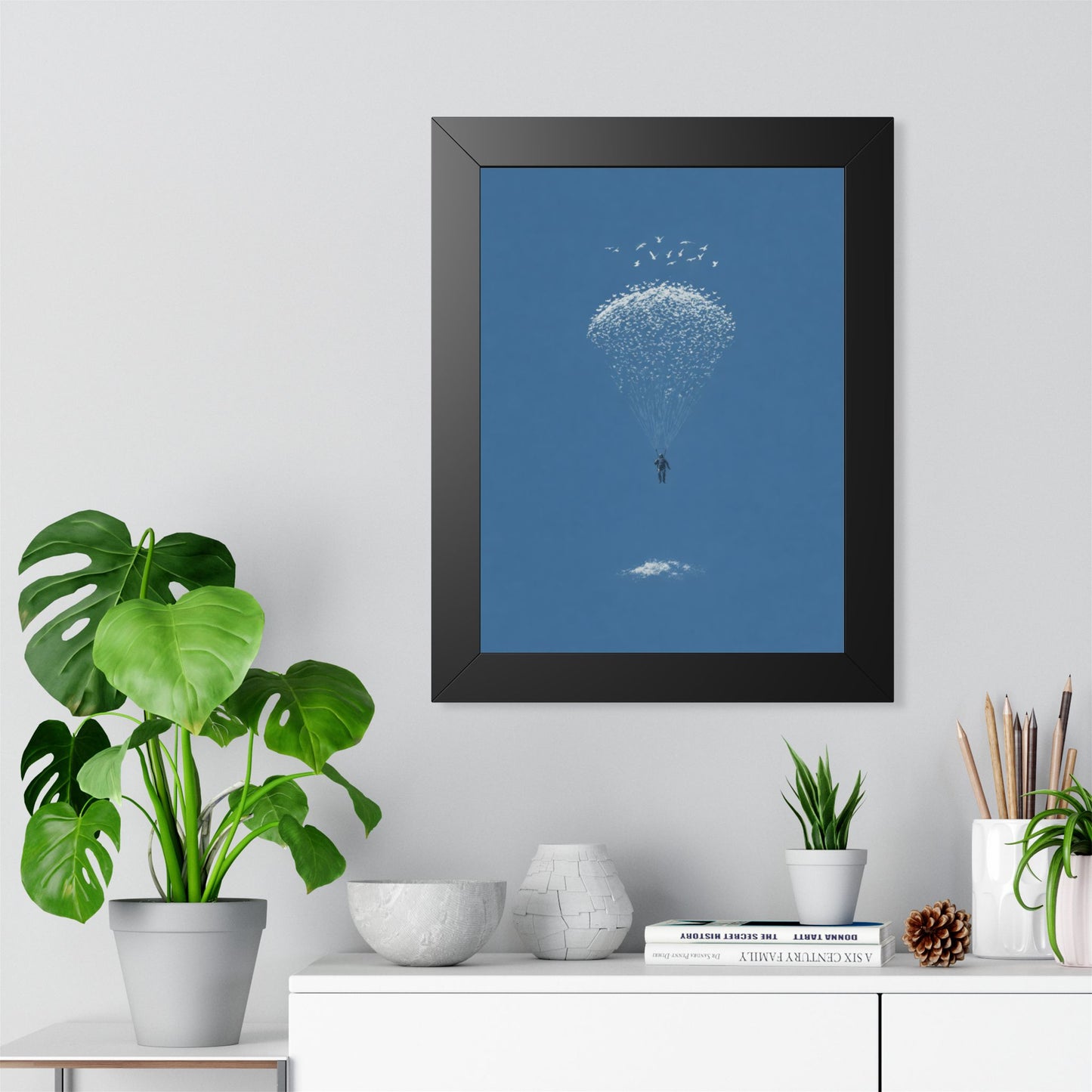 Framed Digital Print— Sky Diver Parachute Bird Cluster Minimal Art Print