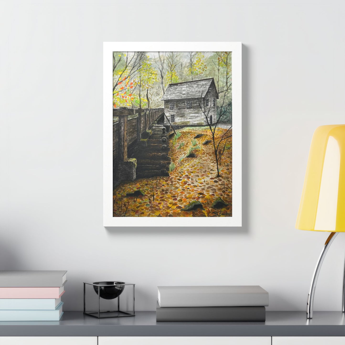 Original Artist Print by Scott Barbee Autumn Mill Framed Poster — Rustic Watercolor Cabin Wall Art