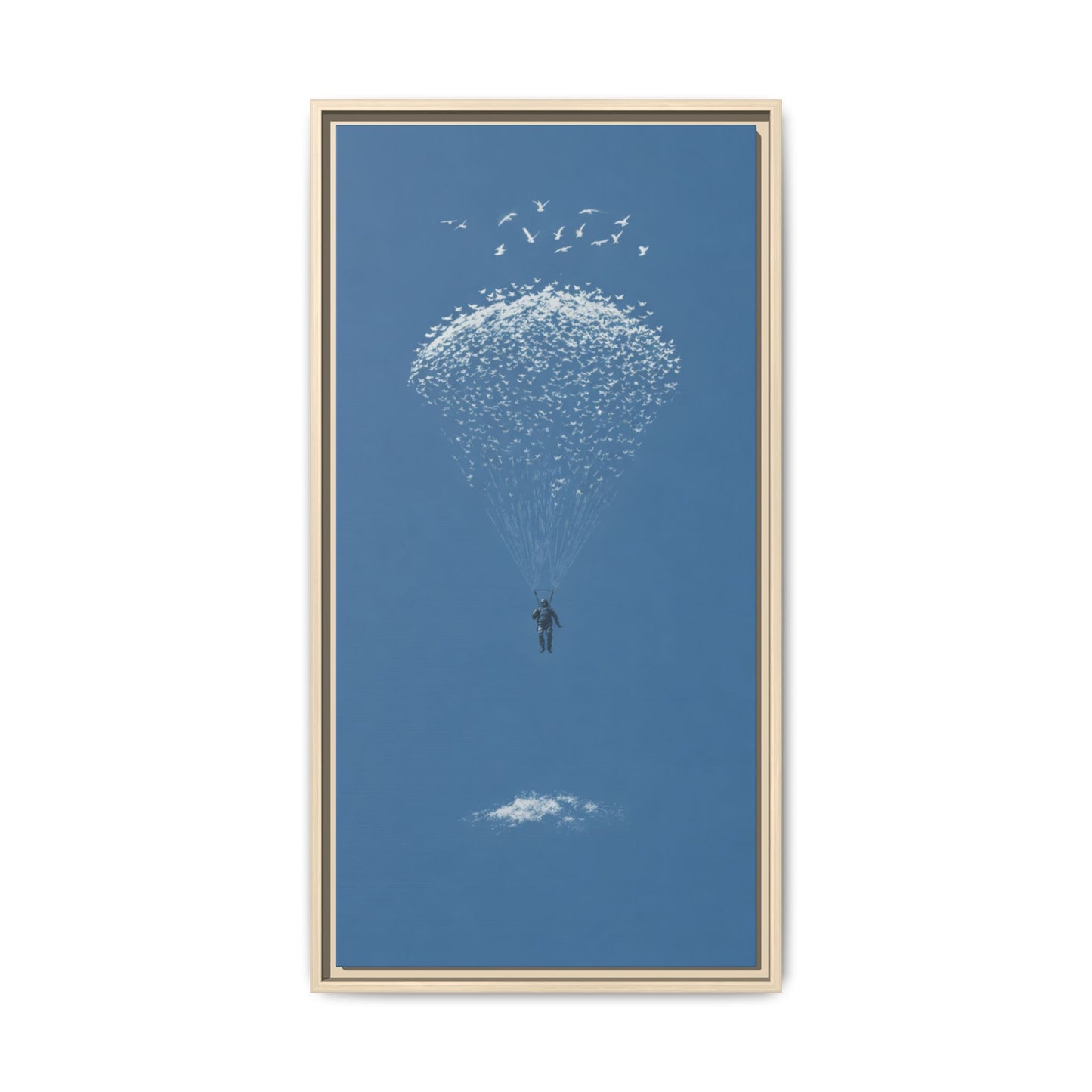 Framed Matte Canvas Art – Sky Diver with Bird Cluster Parachute (Blue)