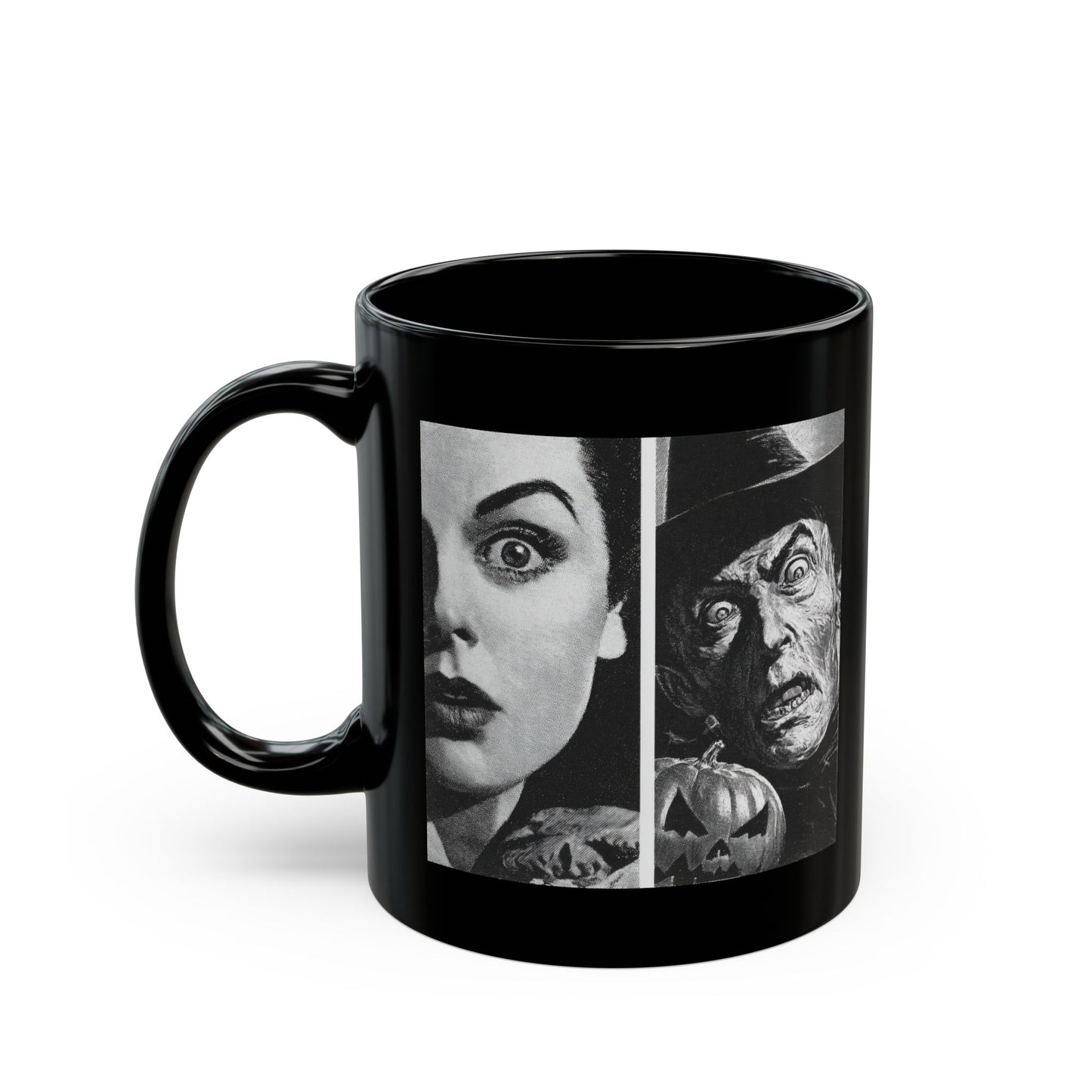 Black Horror Faces Mug — Vintage Silent Film Halloween Coffee Cup (11oz/15oz)