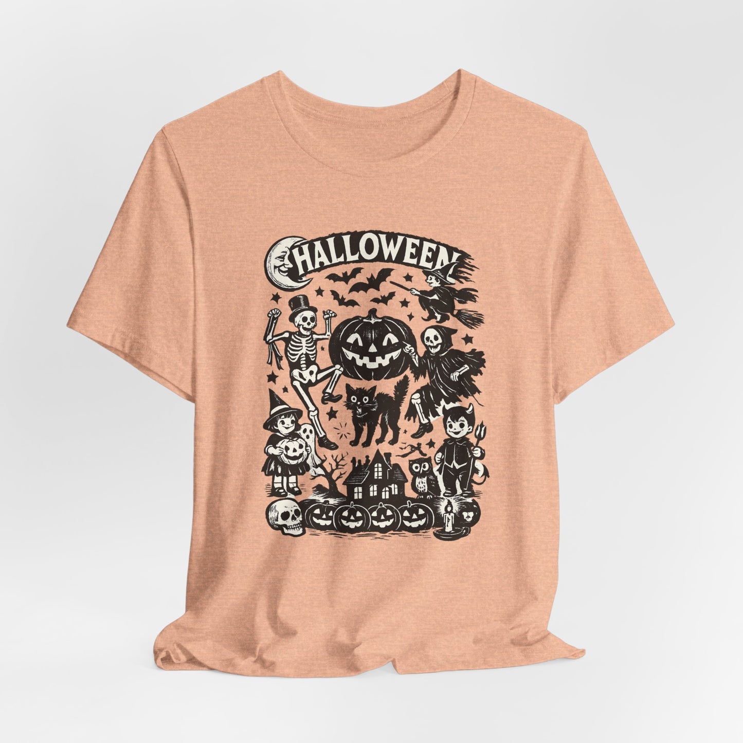 Halloween Vintage Monsters Tee — Retro Pumpkin, Skeleton & Haunted House T-Shirt