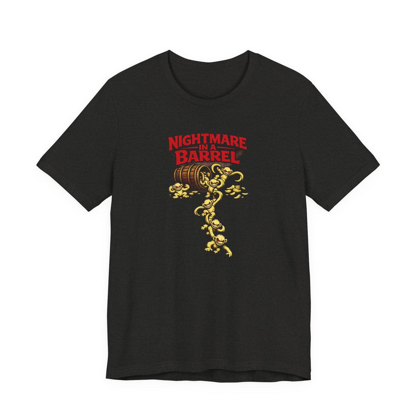 Nightmare in a Barrel T-Shirt — Vintage Horror Barrel Monkey Graphic Tee