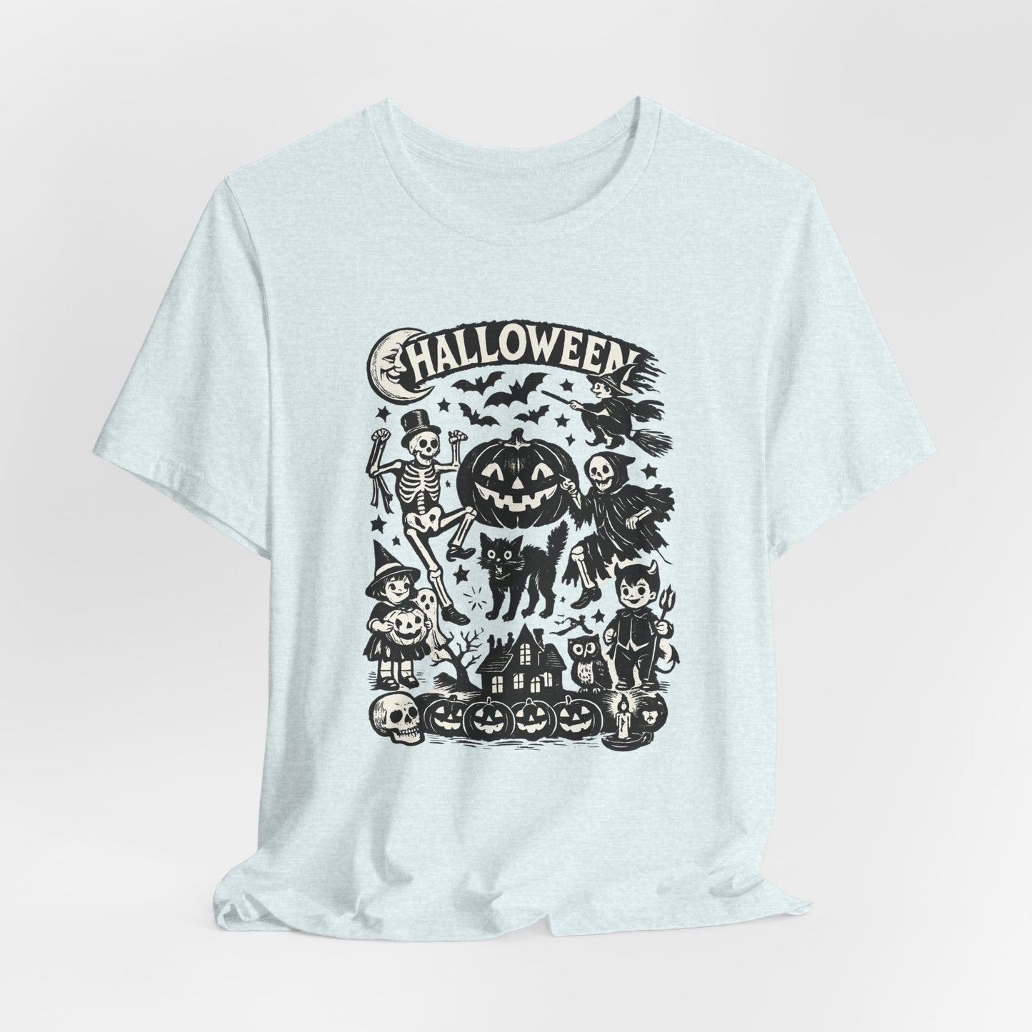 Halloween Vintage Monsters Tee — Retro Pumpkin, Skeleton & Haunted House T-Shirt
