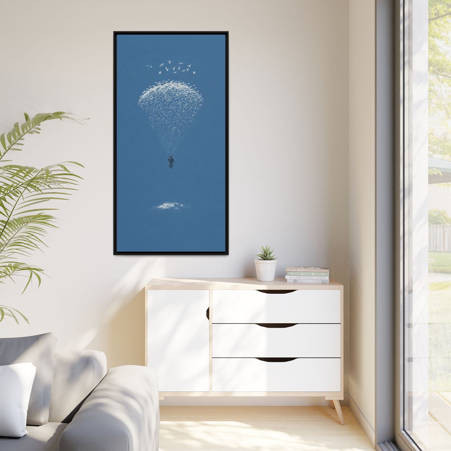 Framed Matte Canvas Art – Sky Diver with Bird Cluster Parachute (Blue)