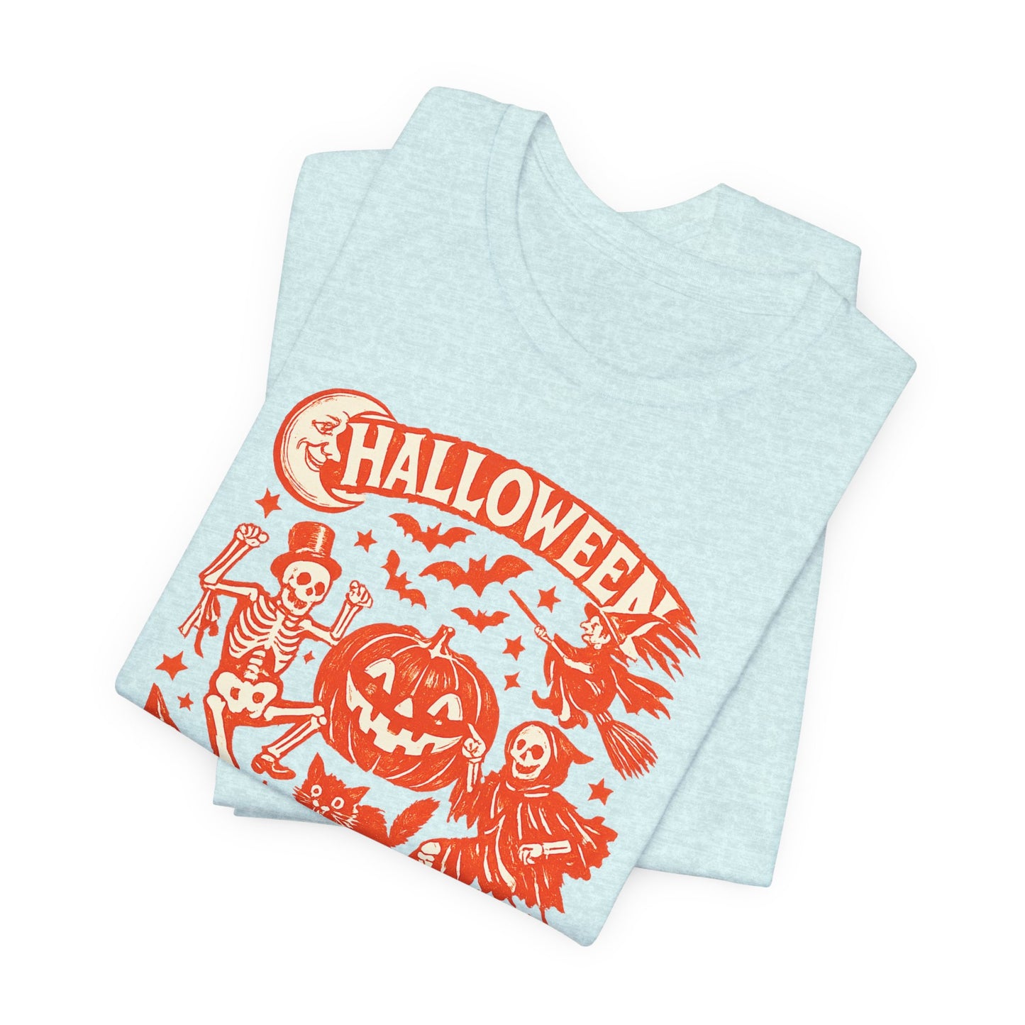 Halloween Retro Graphic Tee — Orange Vintage Spooky Characters