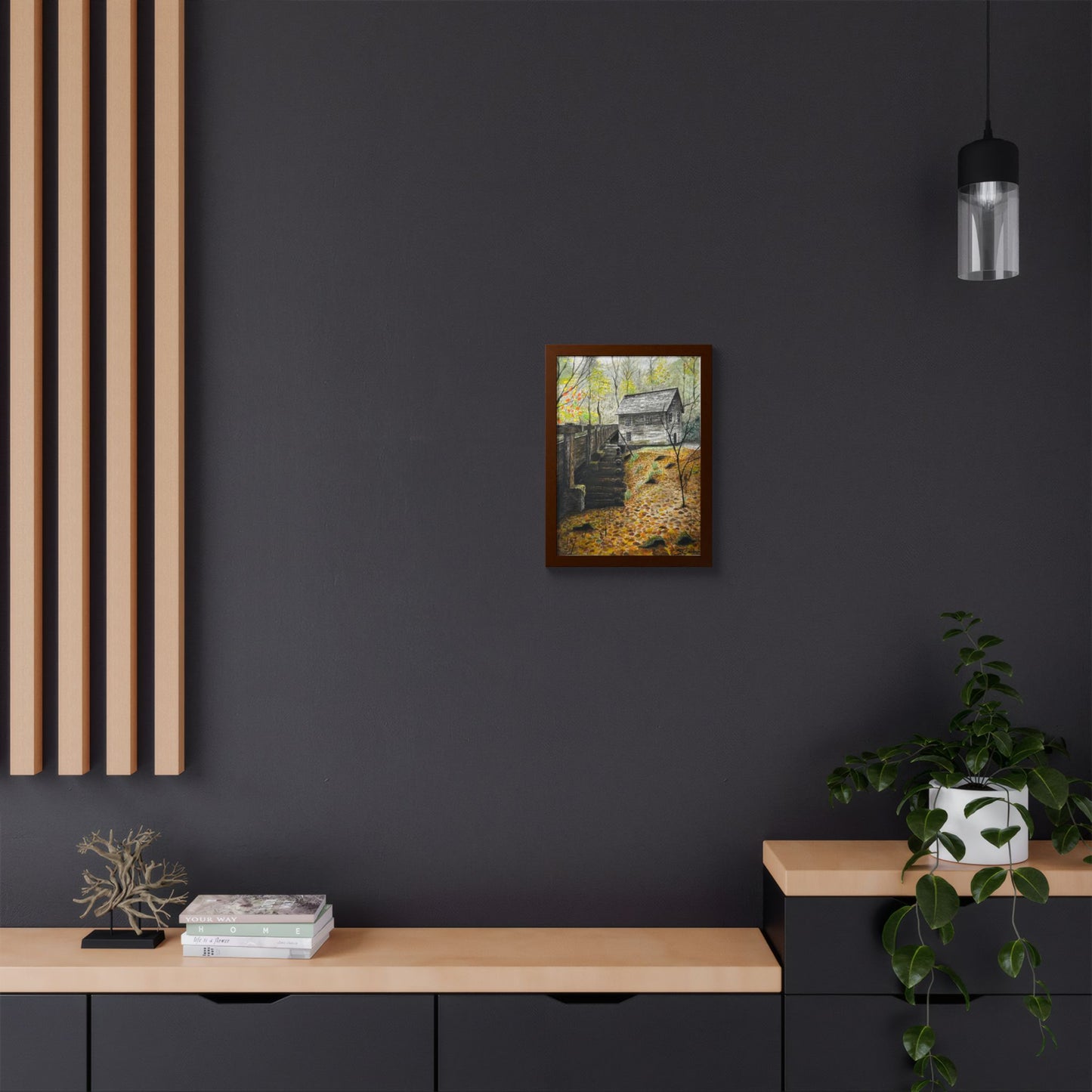 Original Artist Print by Scott Barbee Autumn Mill Framed Poster — Rustic Watercolor Cabin Wall Art