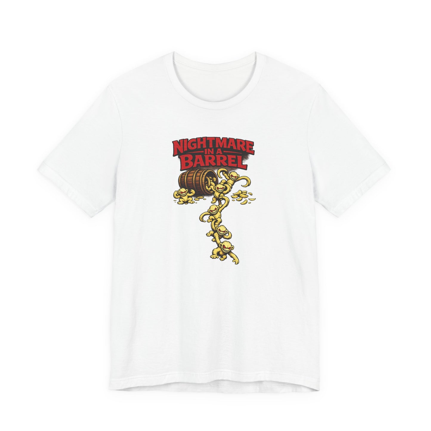 Nightmare in a Barrel T-Shirt — Vintage Horror Barrel Monkey Graphic Tee