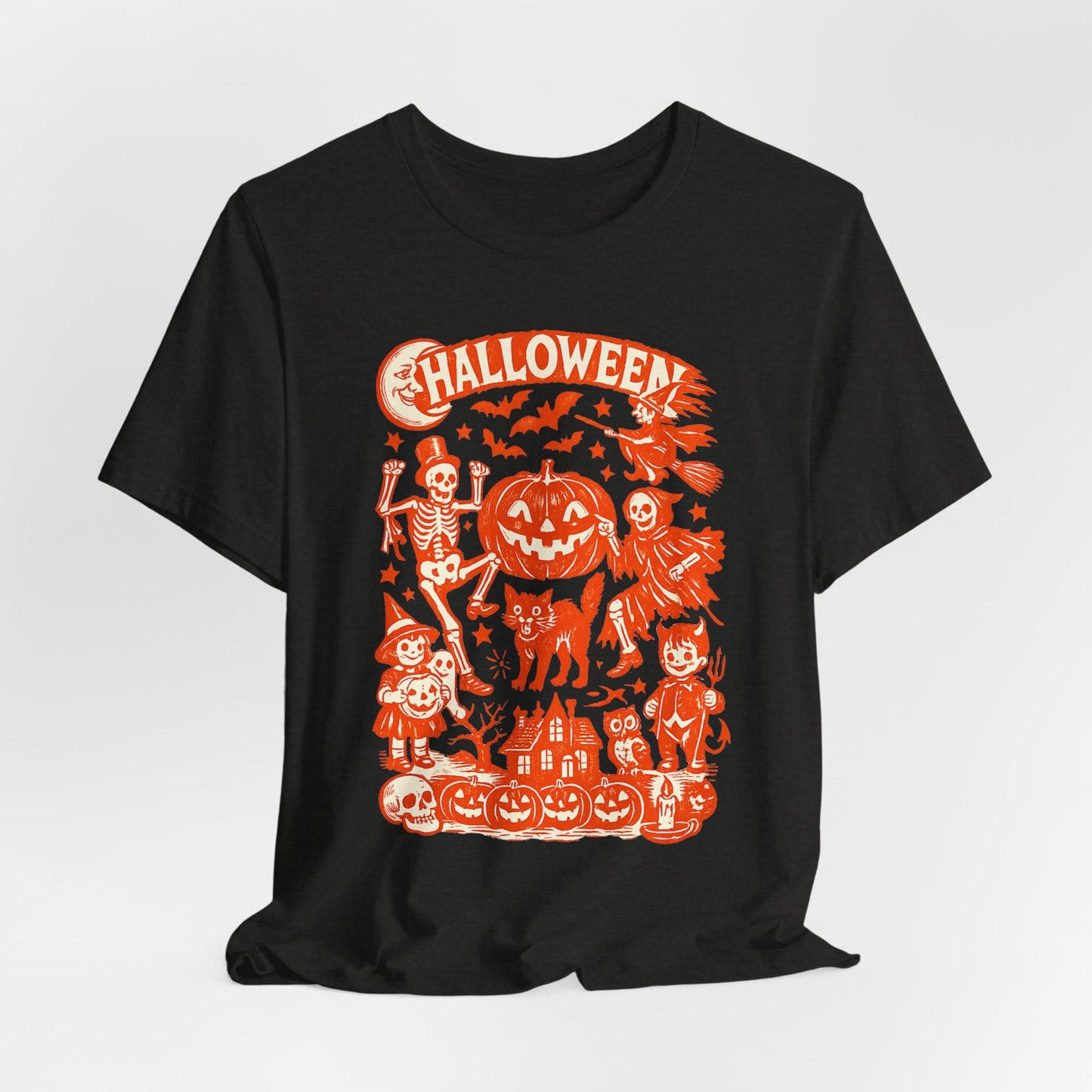 Halloween Retro Graphic Tee — Orange Vintage Spooky Characters