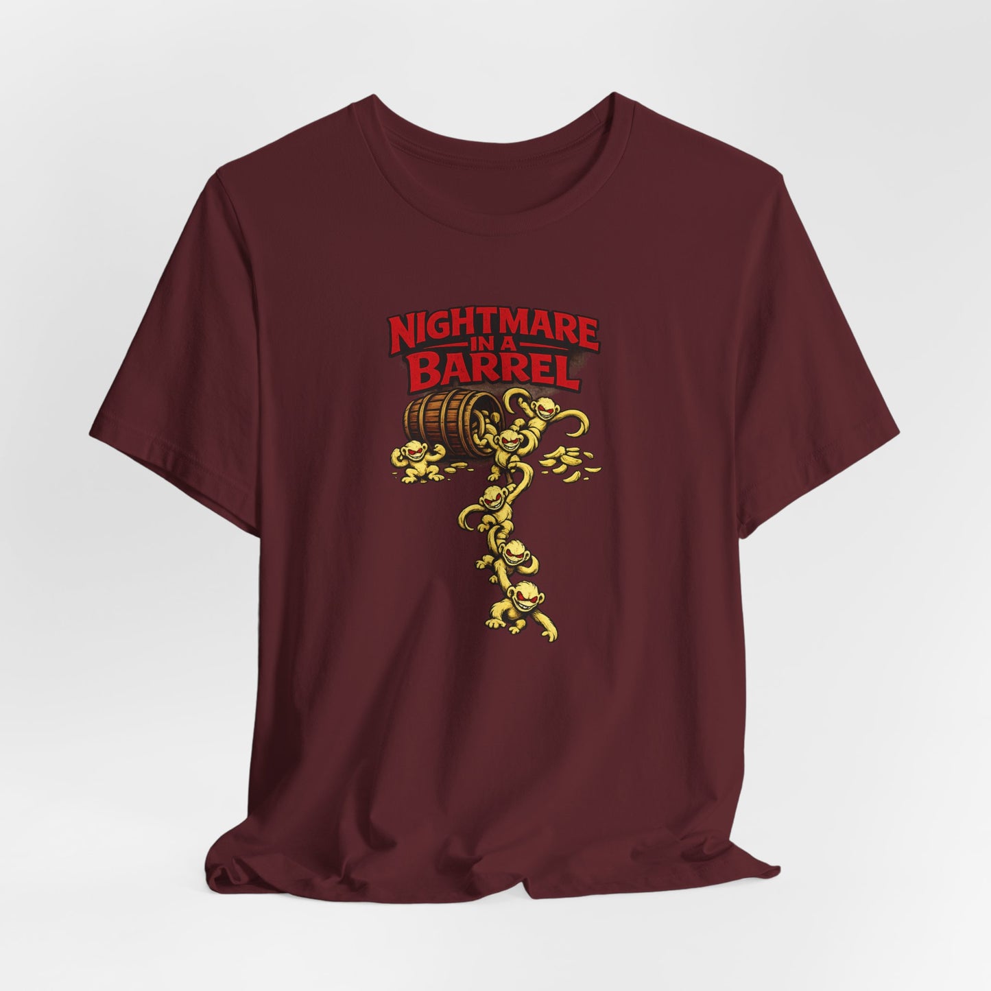 Nightmare in a Barrel T-Shirt — Vintage Horror Barrel Monkey Graphic Tee