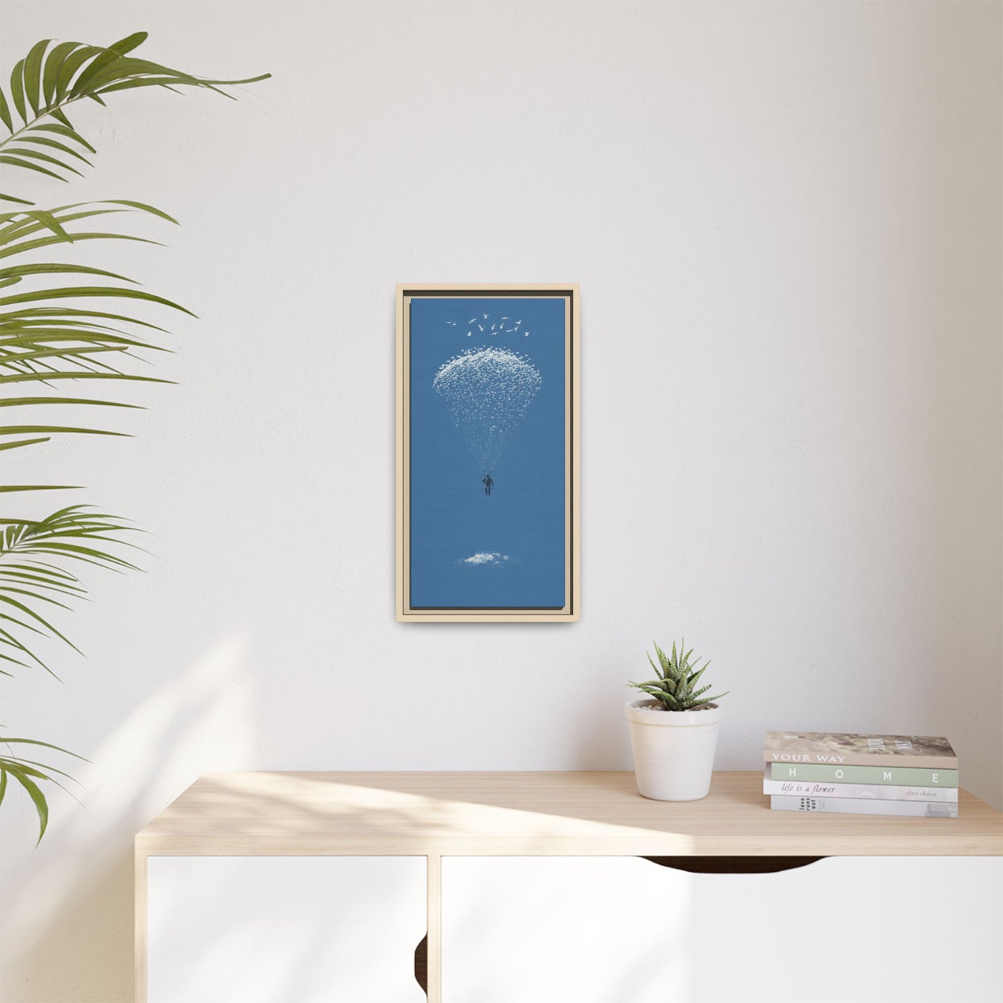 Framed Matte Canvas Art – Sky Diver with Bird Cluster Parachute (Blue)