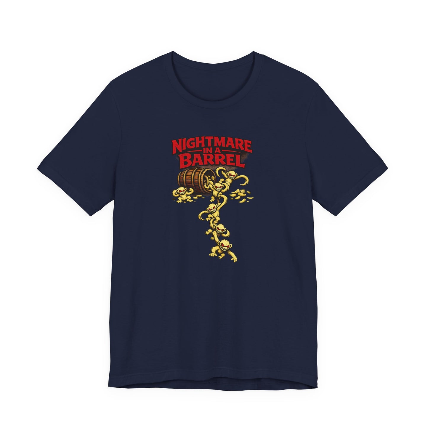 Nightmare in a Barrel T-Shirt — Vintage Horror Barrel Monkey Graphic Tee